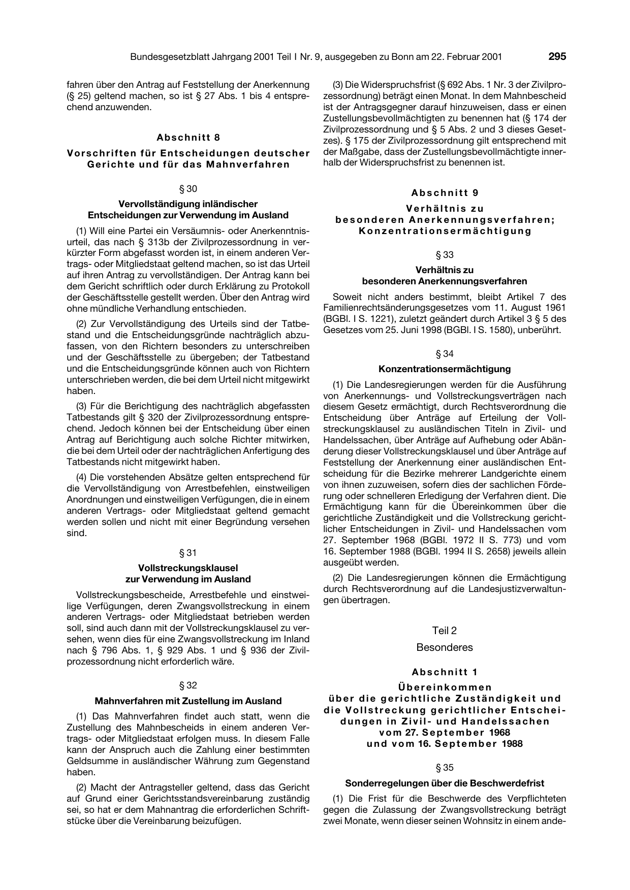 BGBl. 2001, Seite 295 — Originalseite als Abbildung