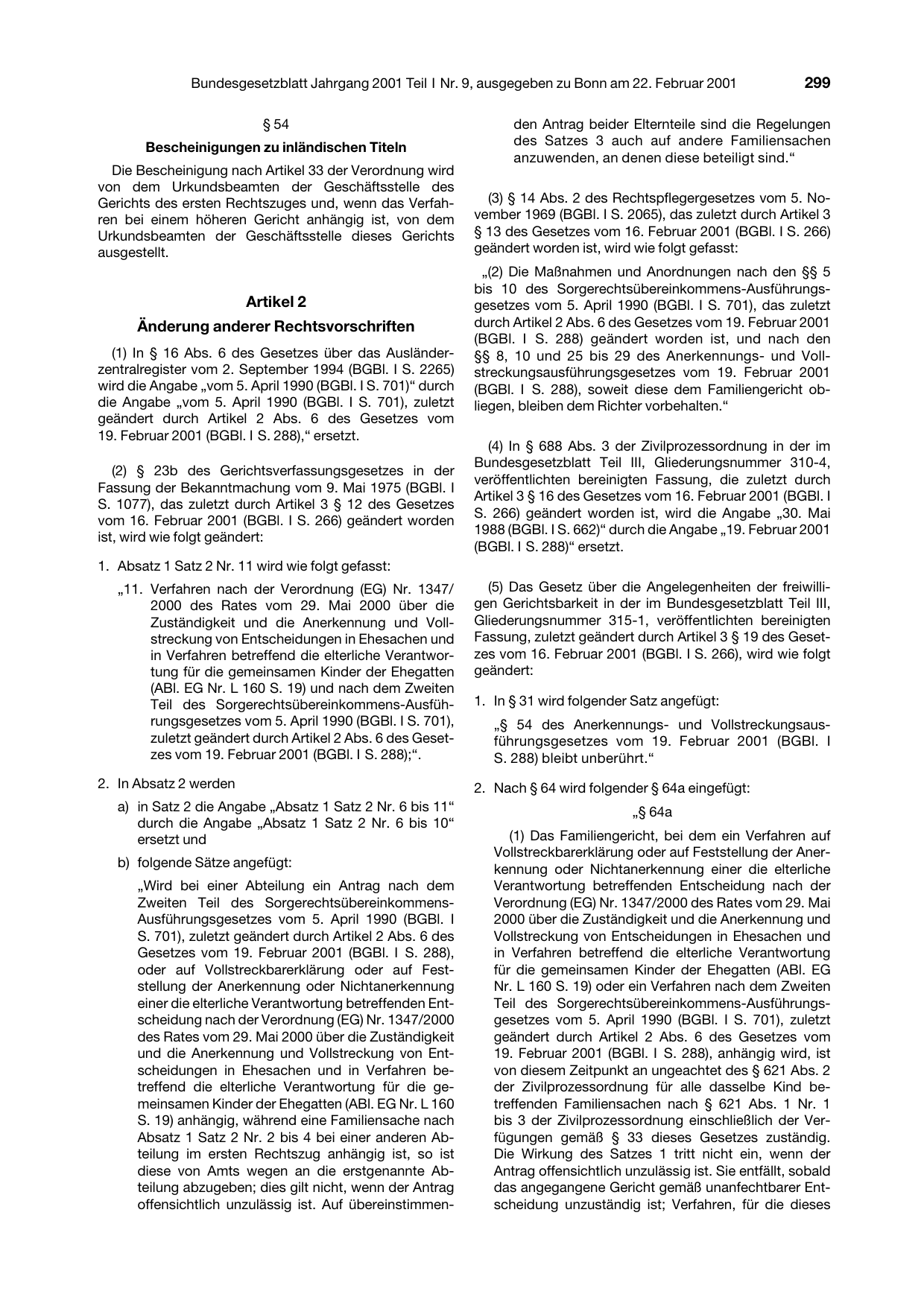 BGBl. 2001, Seite 299 — Originalseite als Abbildung
