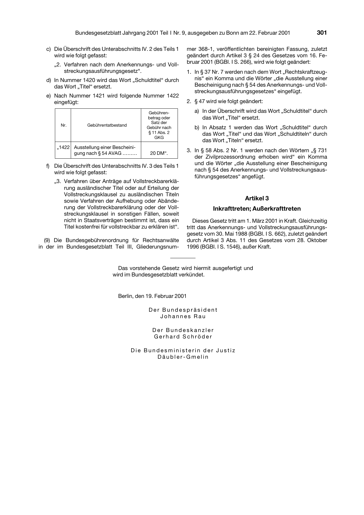 BGBl. 2001, Seite 301 — Originalseite als Abbildung