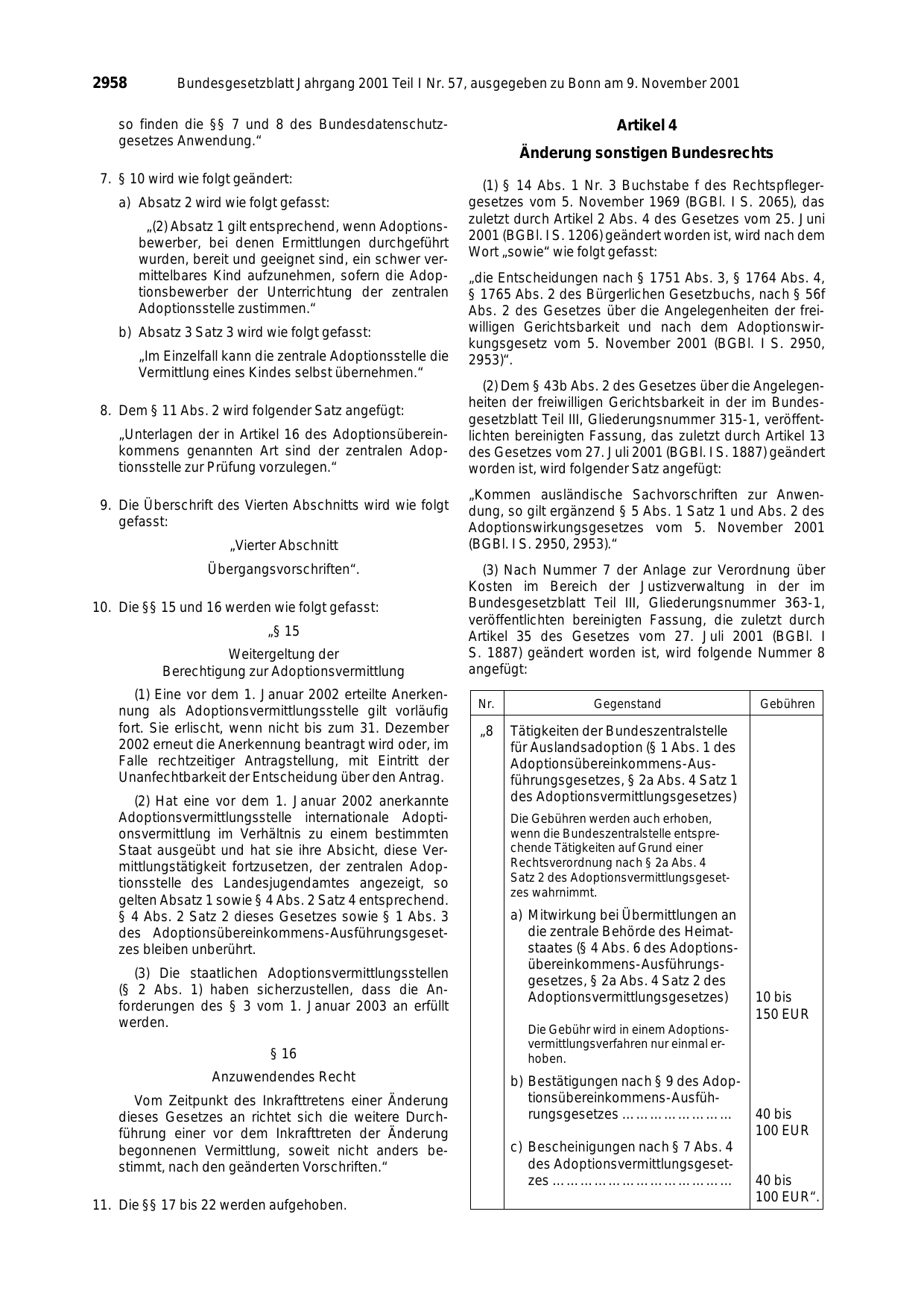 BGBl. 2001, Seite 2958 — Originalseite als Abbildung