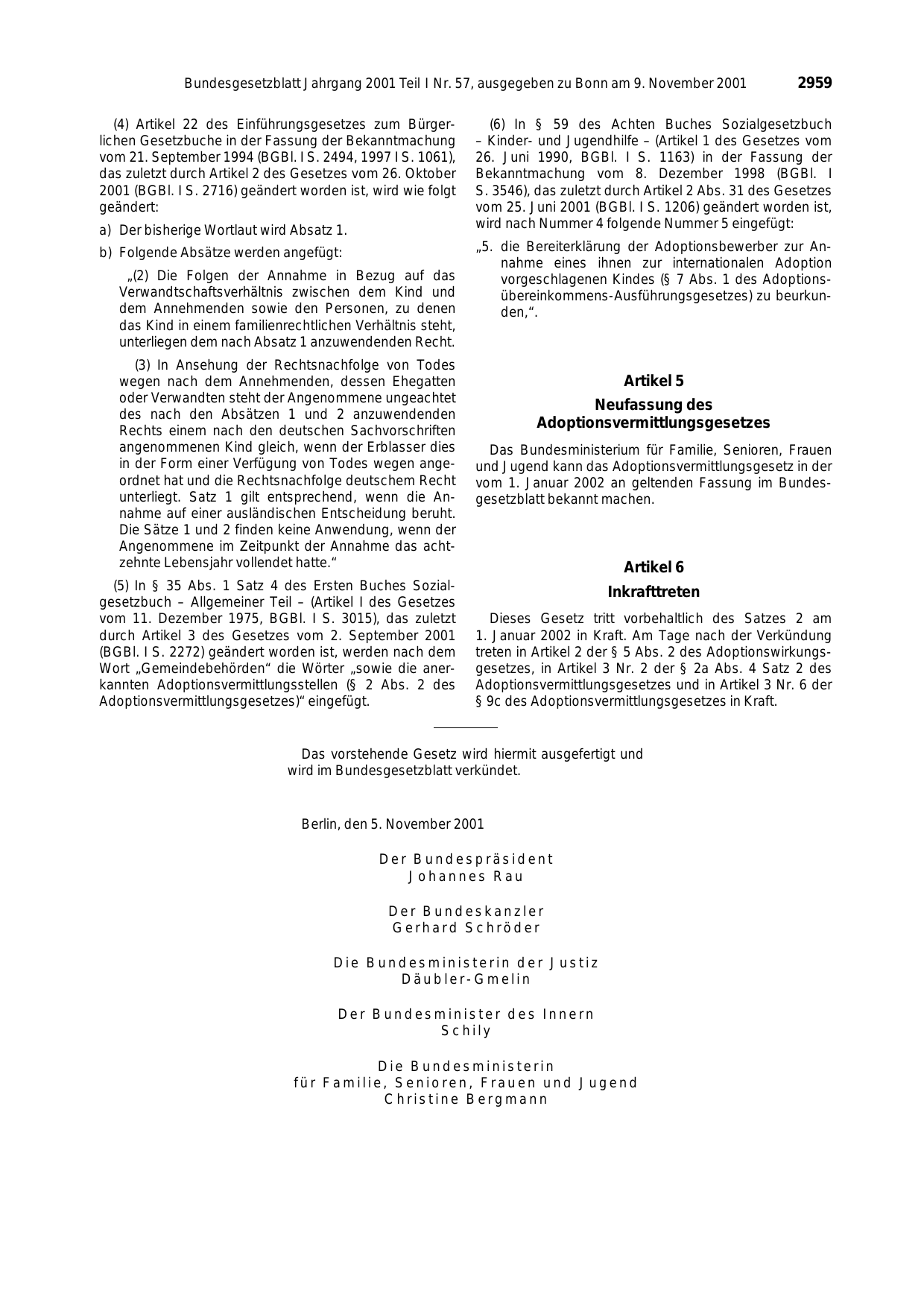 BGBl. 2001, Seite 2959 — Originalseite als Abbildung