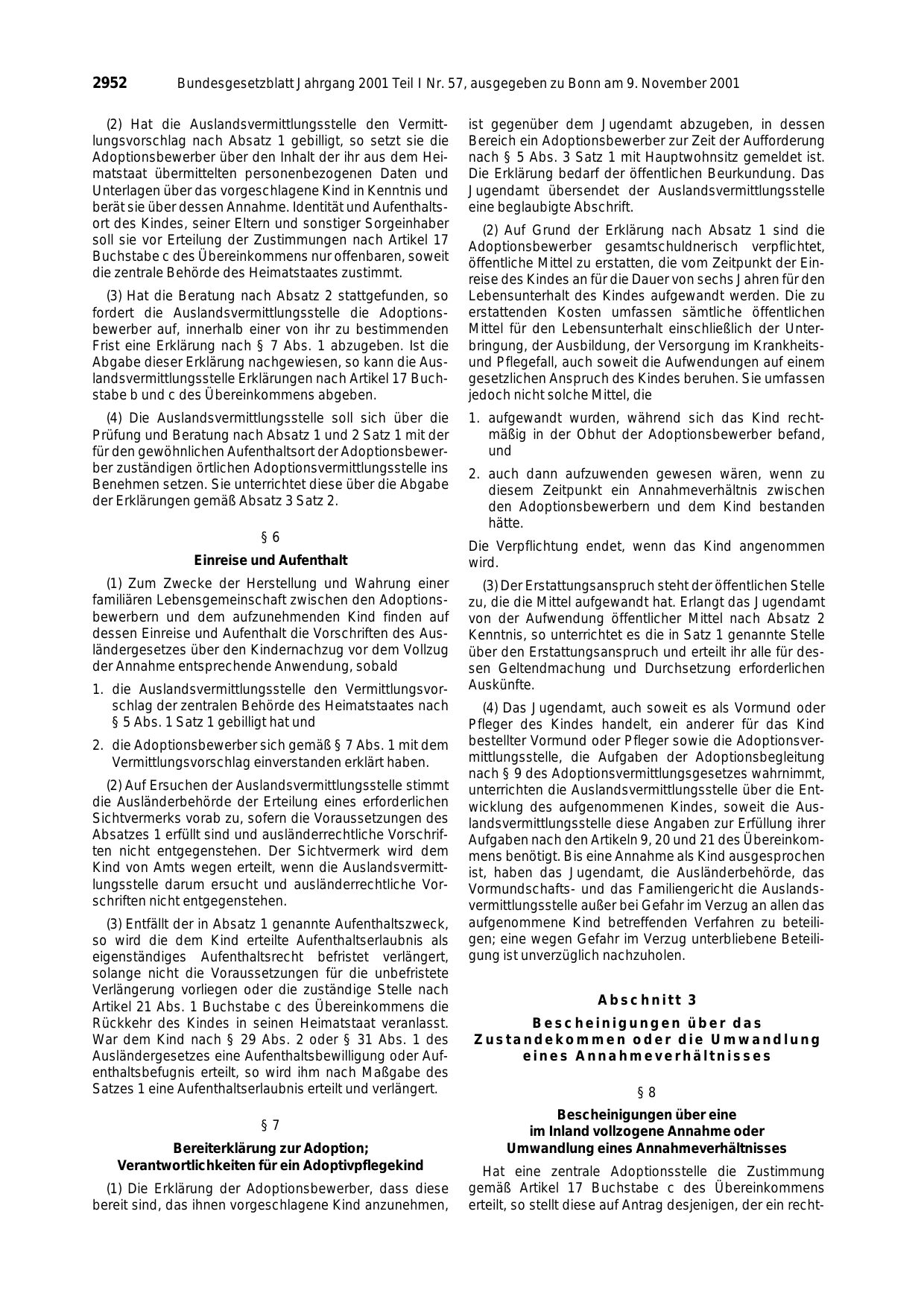 BGBl. 2001, Seite 2952 — Originalseite als Abbildung