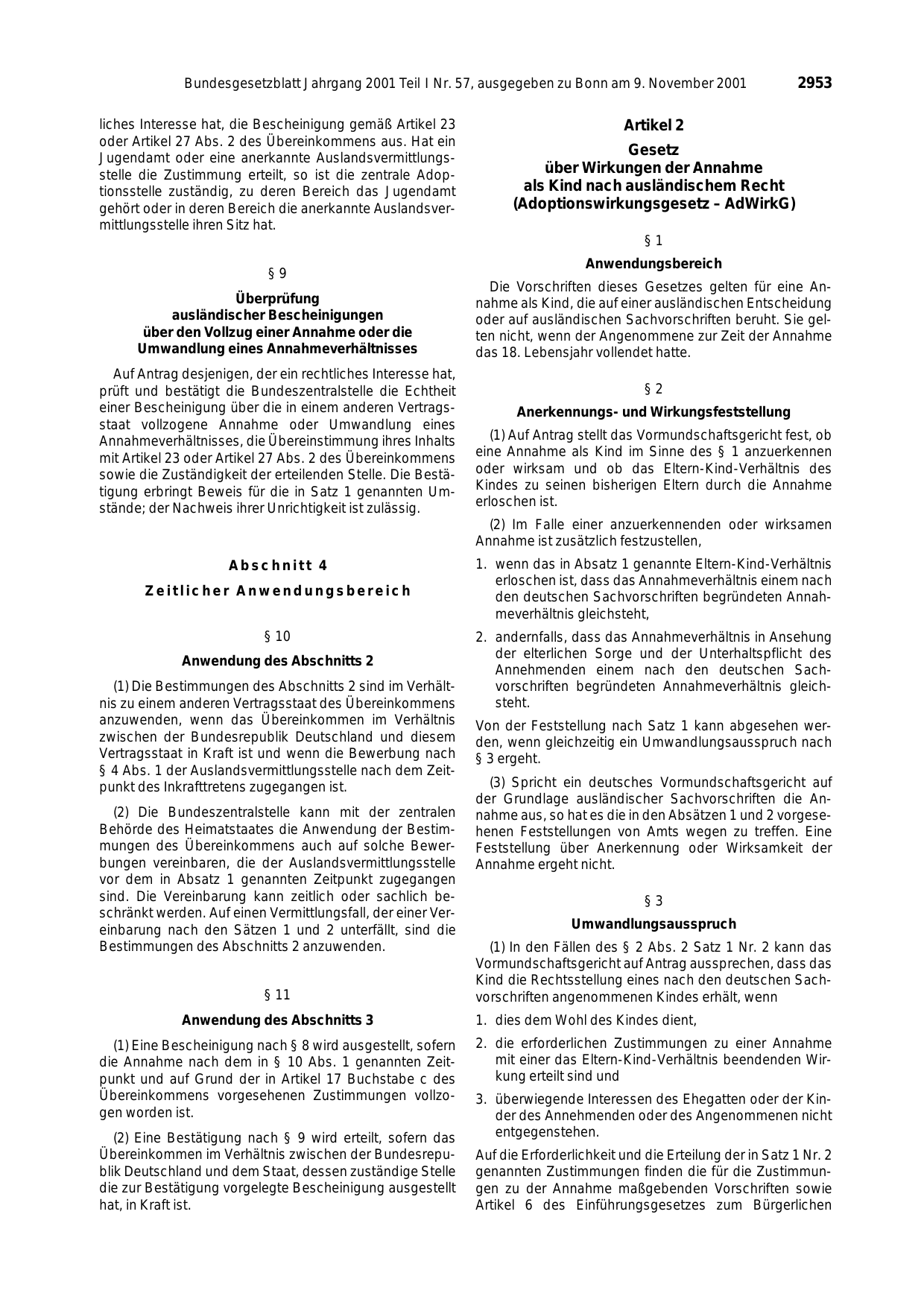 BGBl. 2001, Seite 2953 — Originalseite als Abbildung