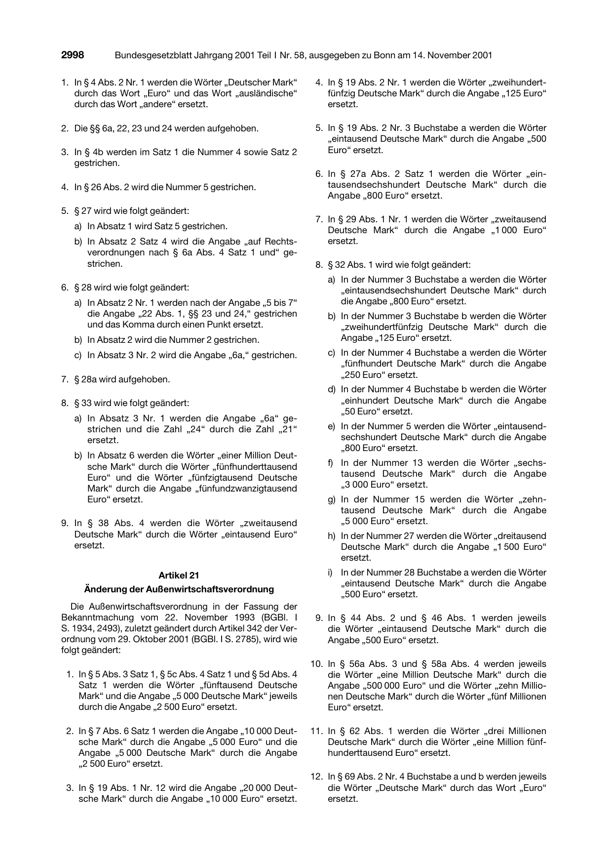 BGBl. 2001, Seite 2998 — Originalseite als Abbildung