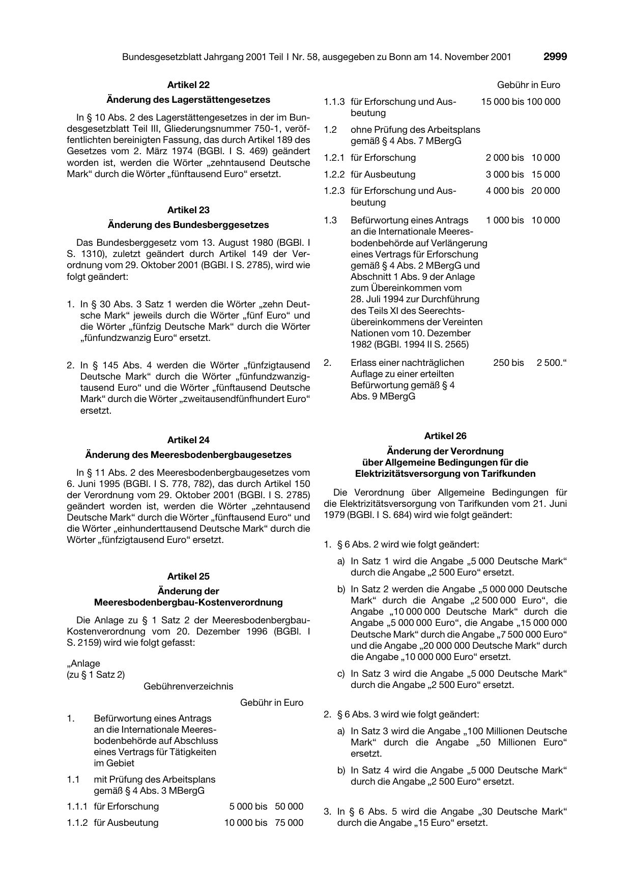 BGBl. 2001, Seite 2999 — Originalseite als Abbildung
