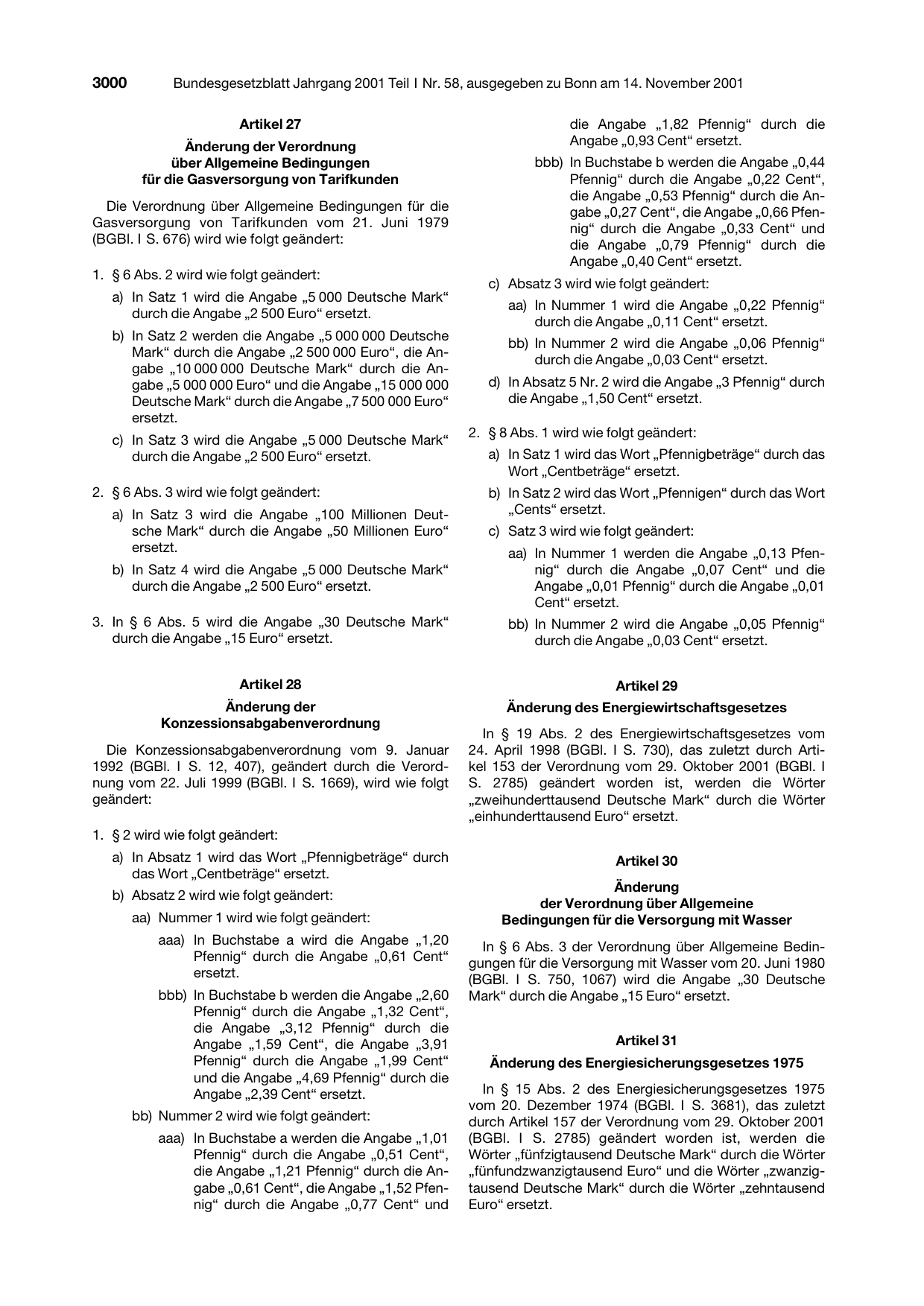 BGBl. 2001, Seite 3000 — Originalseite als Abbildung