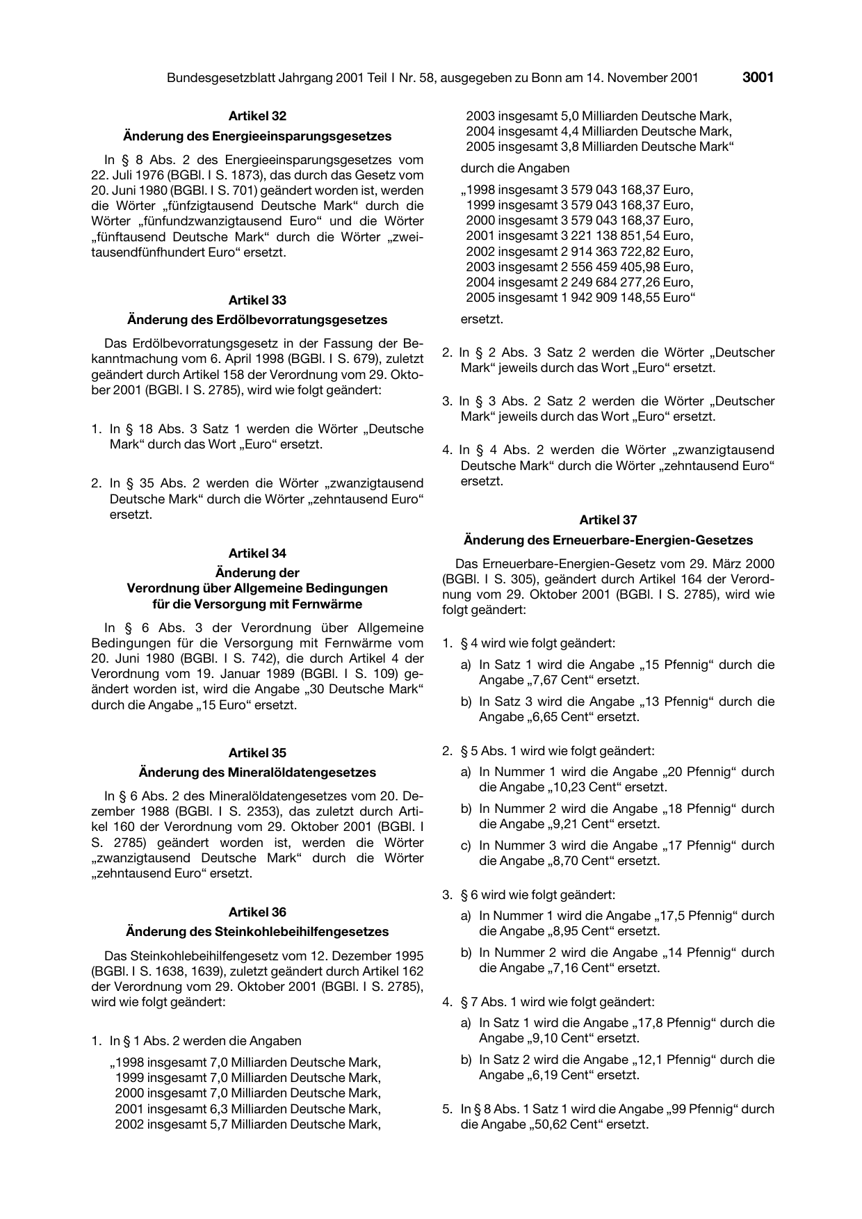 BGBl. 2001, Seite 3001 — Originalseite als Abbildung