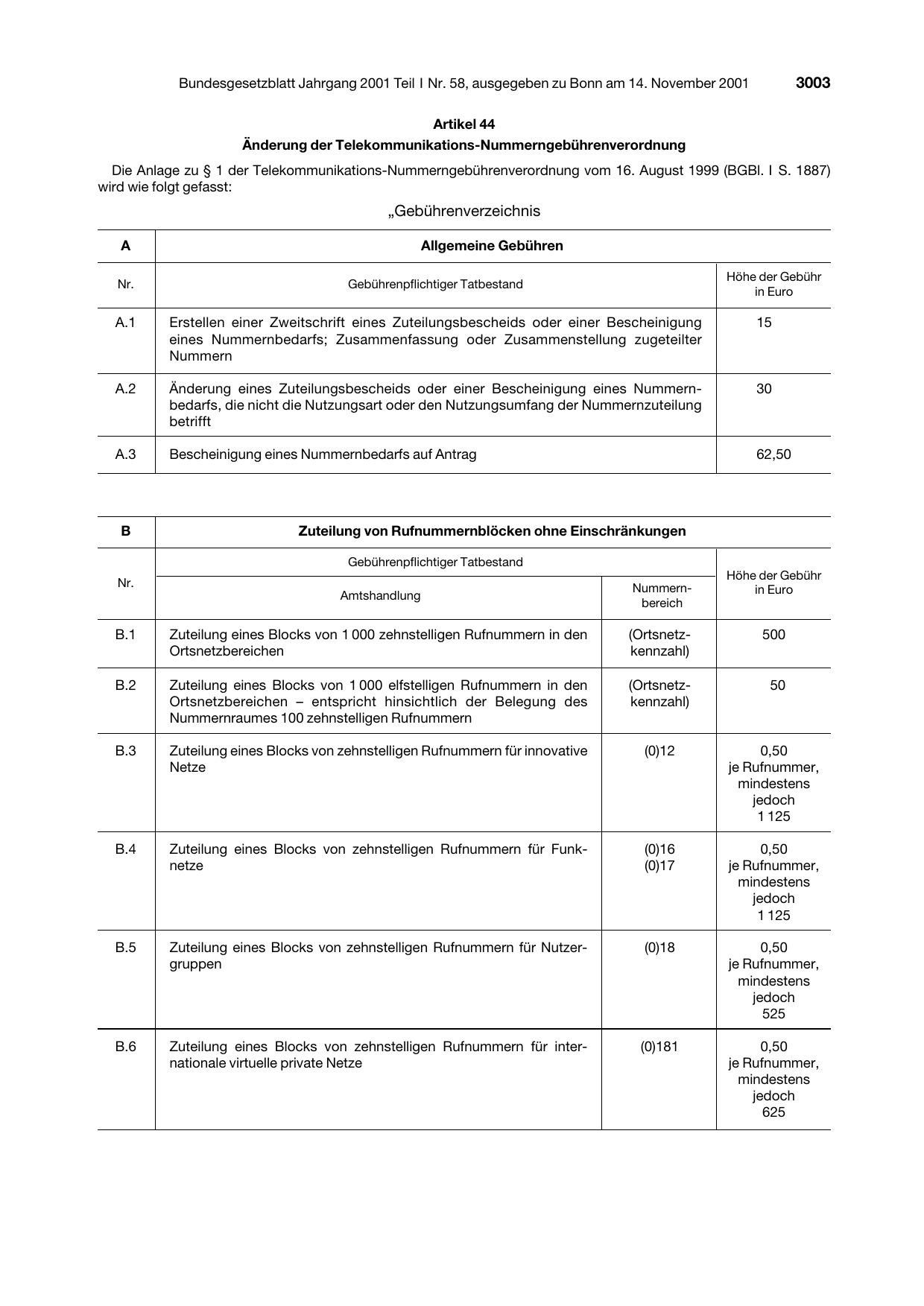 BGBl. 2001, Seite 3003 — Originalseite als Abbildung