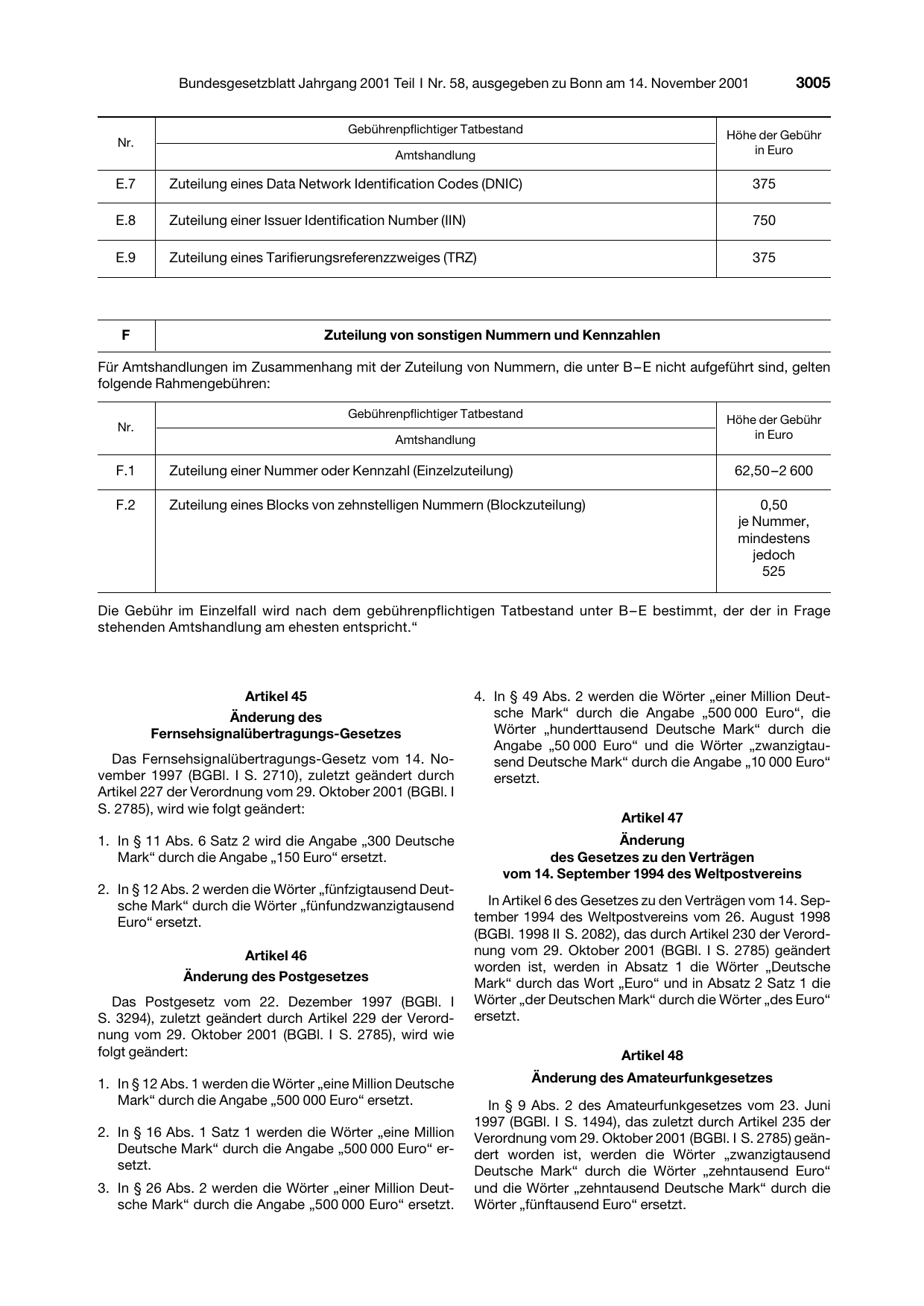 BGBl. 2001, Seite 3005 — Originalseite als Abbildung