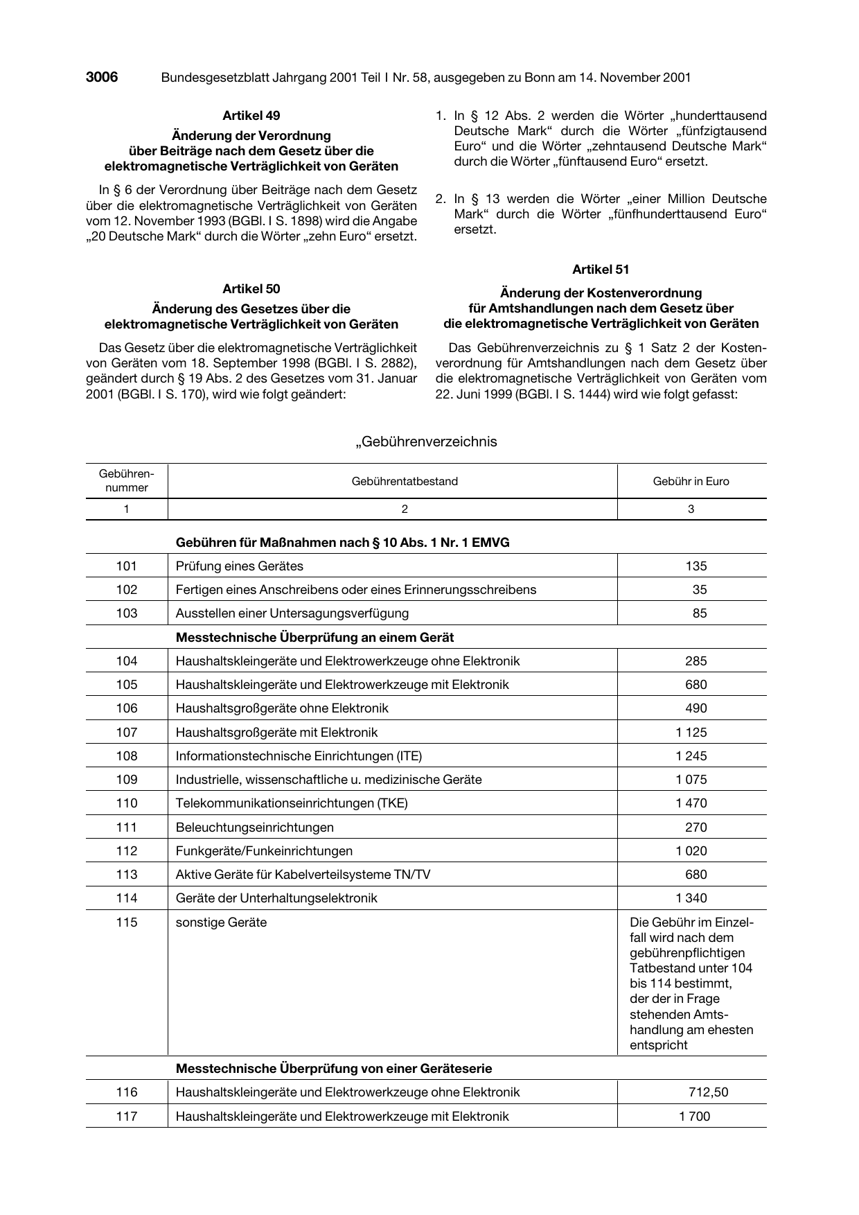 BGBl. 2001, Seite 3006 — Originalseite als Abbildung