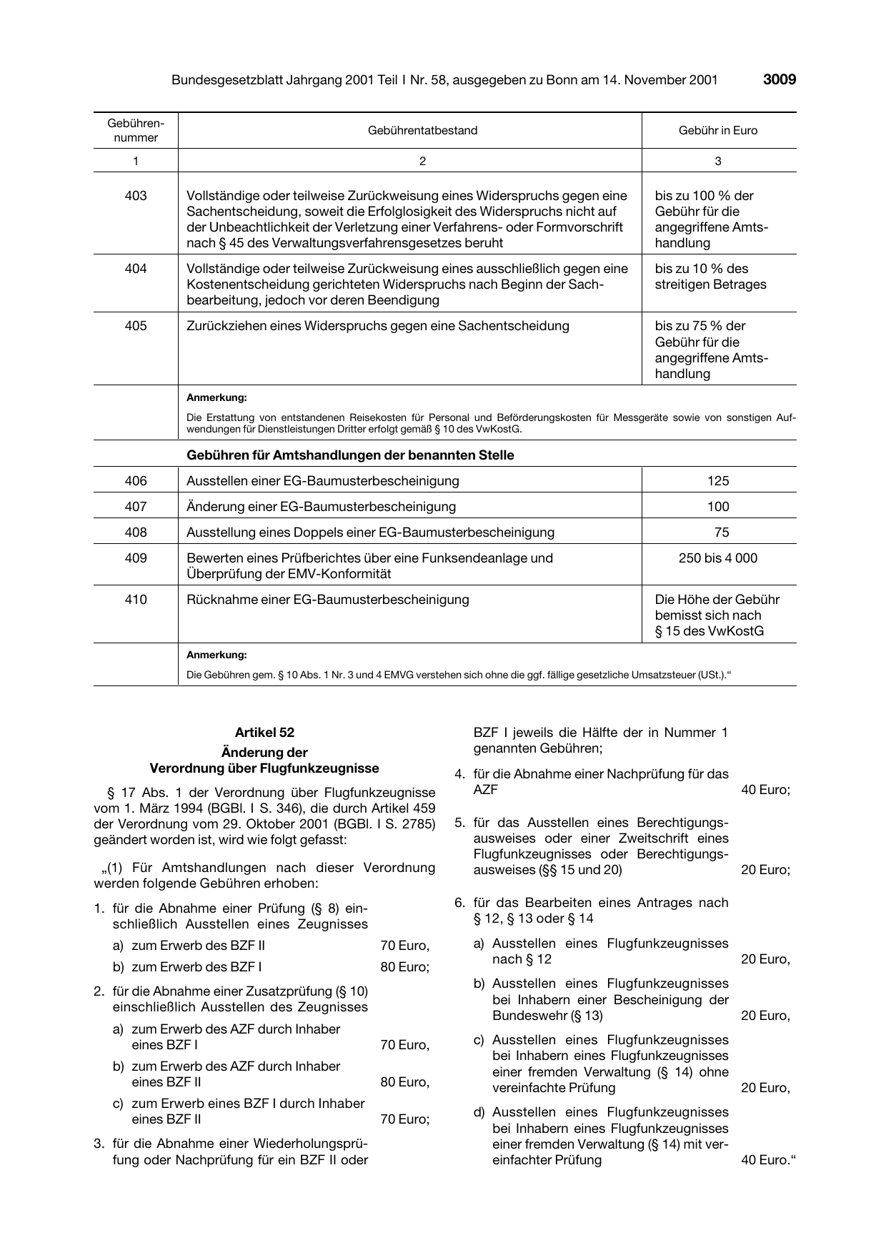 BGBl. 2001, Seite 3009 — Originalseite als Abbildung
