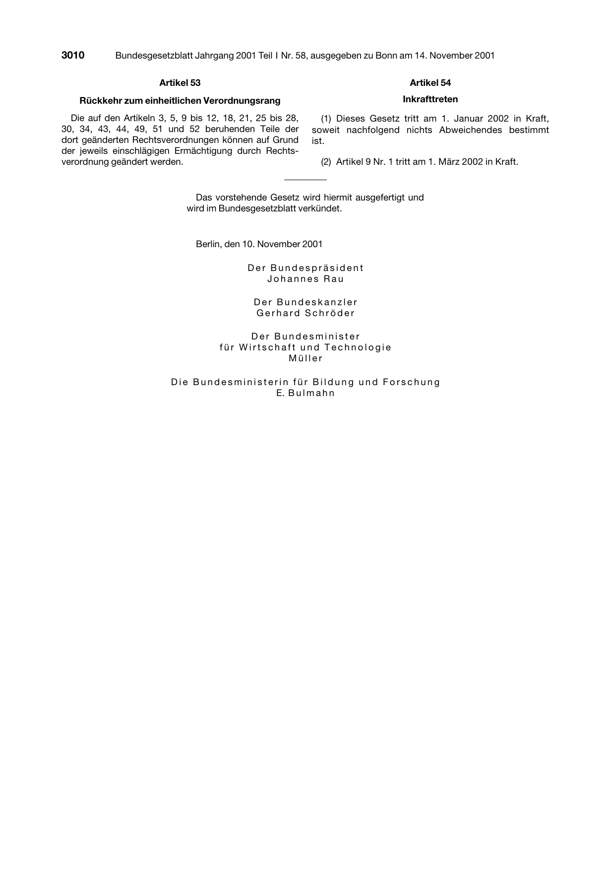 BGBl. 2001, Seite 3010 — Originalseite als Abbildung