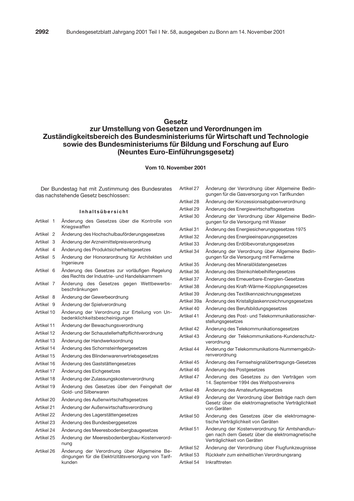 BGBl. 2001, Seite 2992 — Originalseite als Abbildung