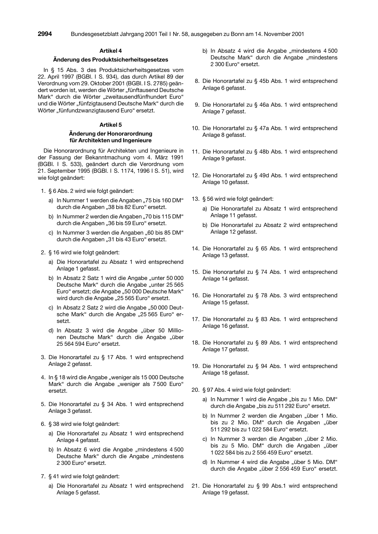 BGBl. 2001, Seite 2994 — Originalseite als Abbildung