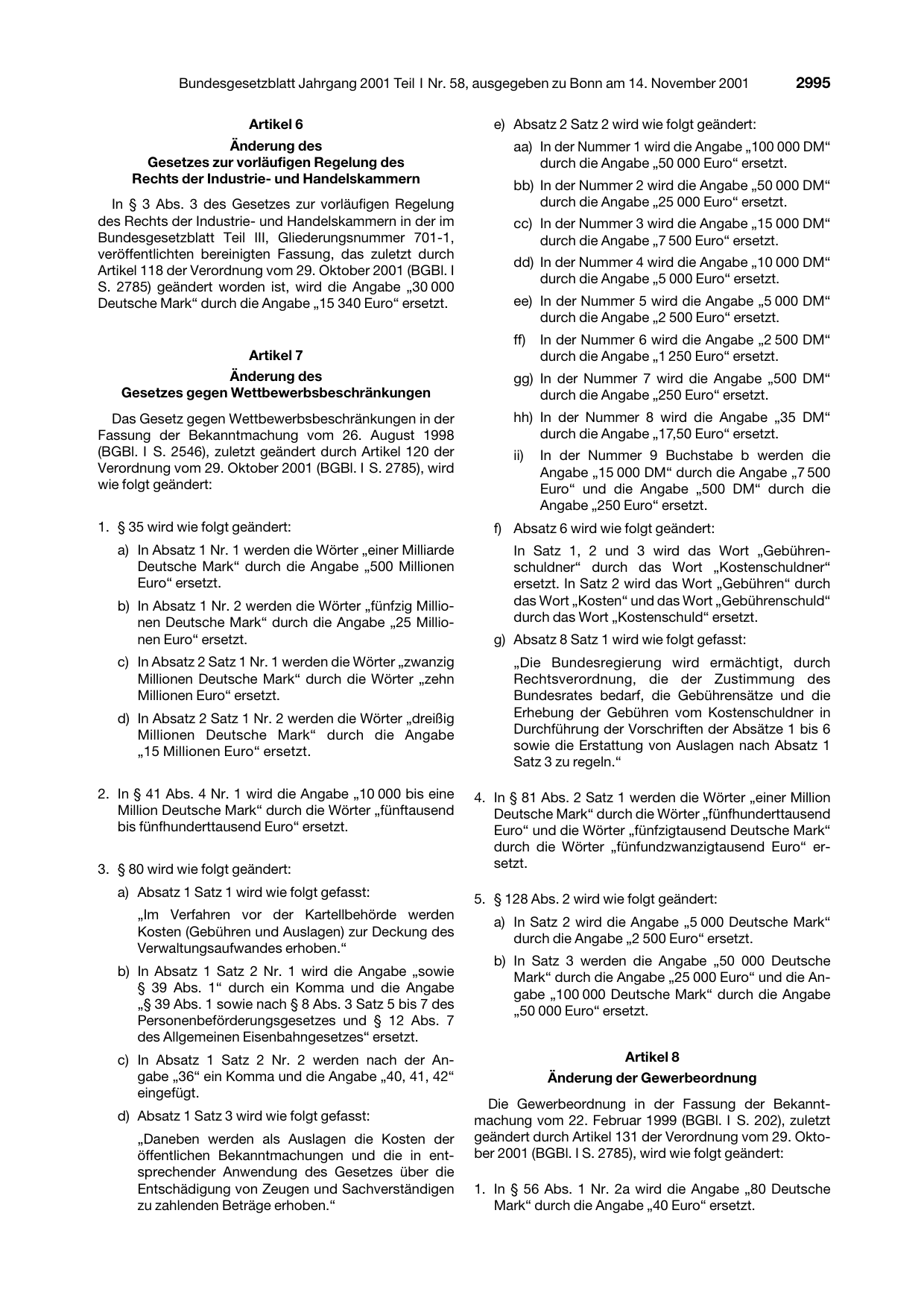 BGBl. 2001, Seite 2995 — Originalseite als Abbildung