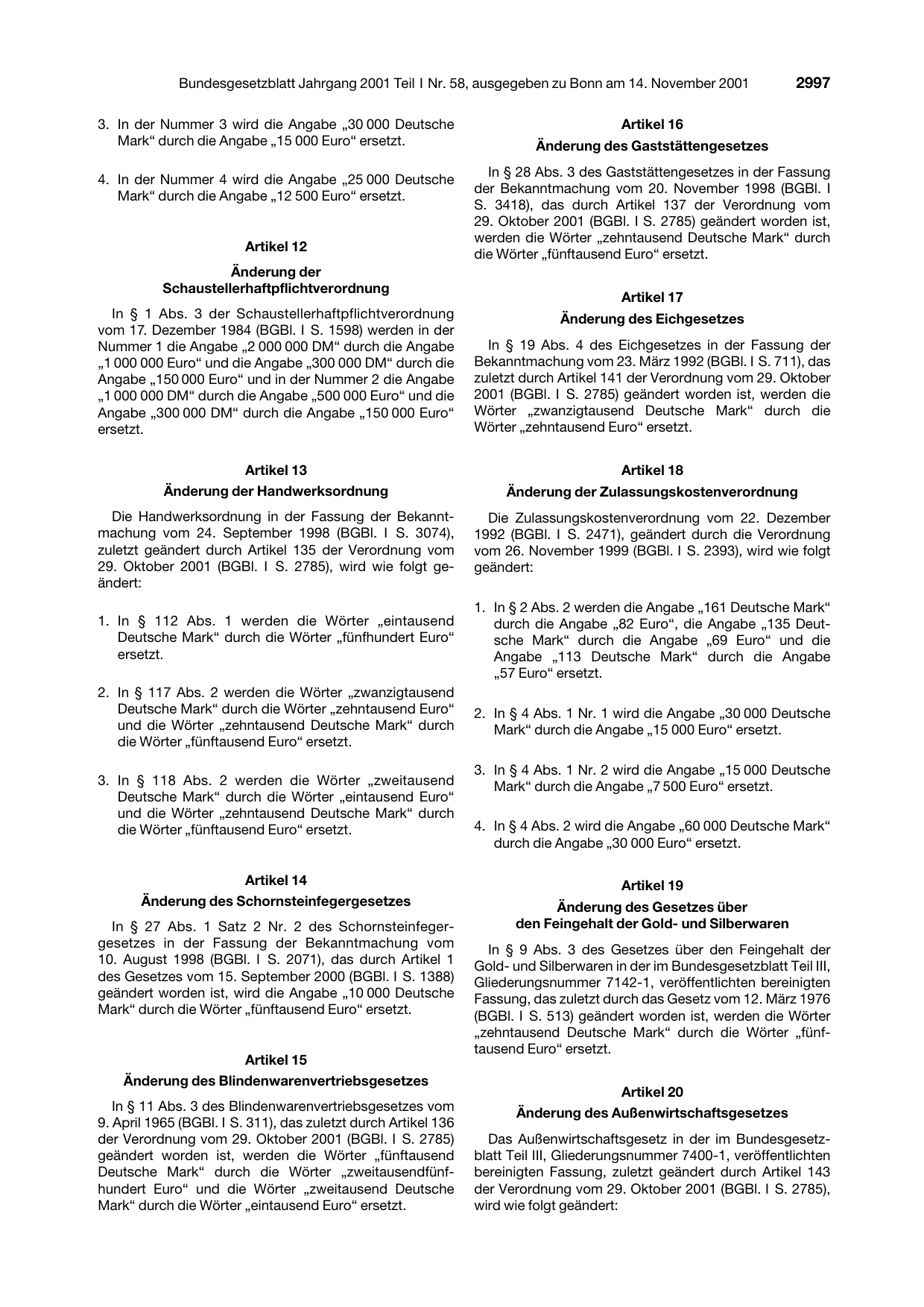 BGBl. 2001, Seite 2997 — Originalseite als Abbildung