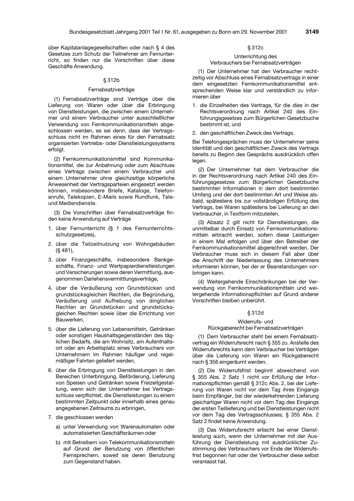BGBl. 2001, Seite 3149 — Originalseite als Abbildung