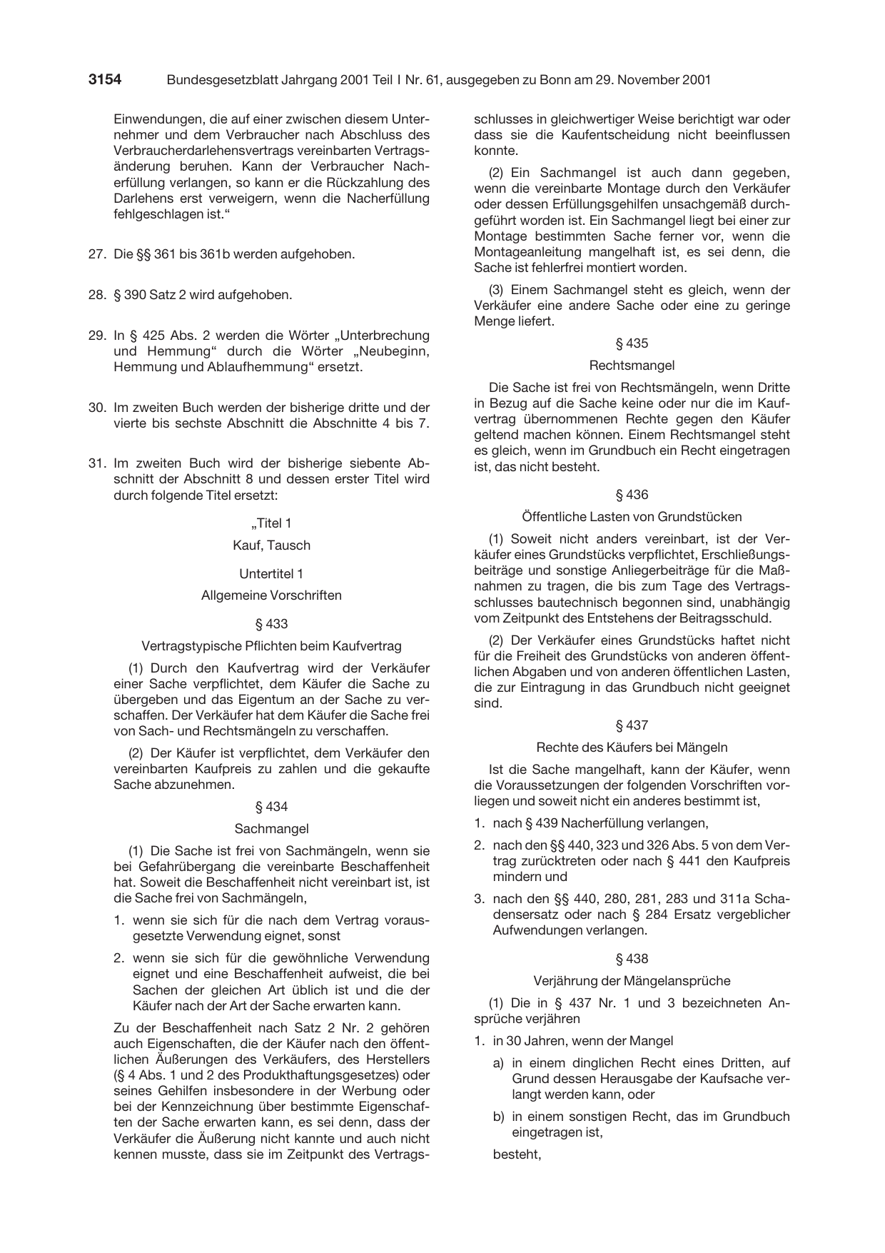 BGBl. 2001, Seite 3154 — Originalseite als Abbildung