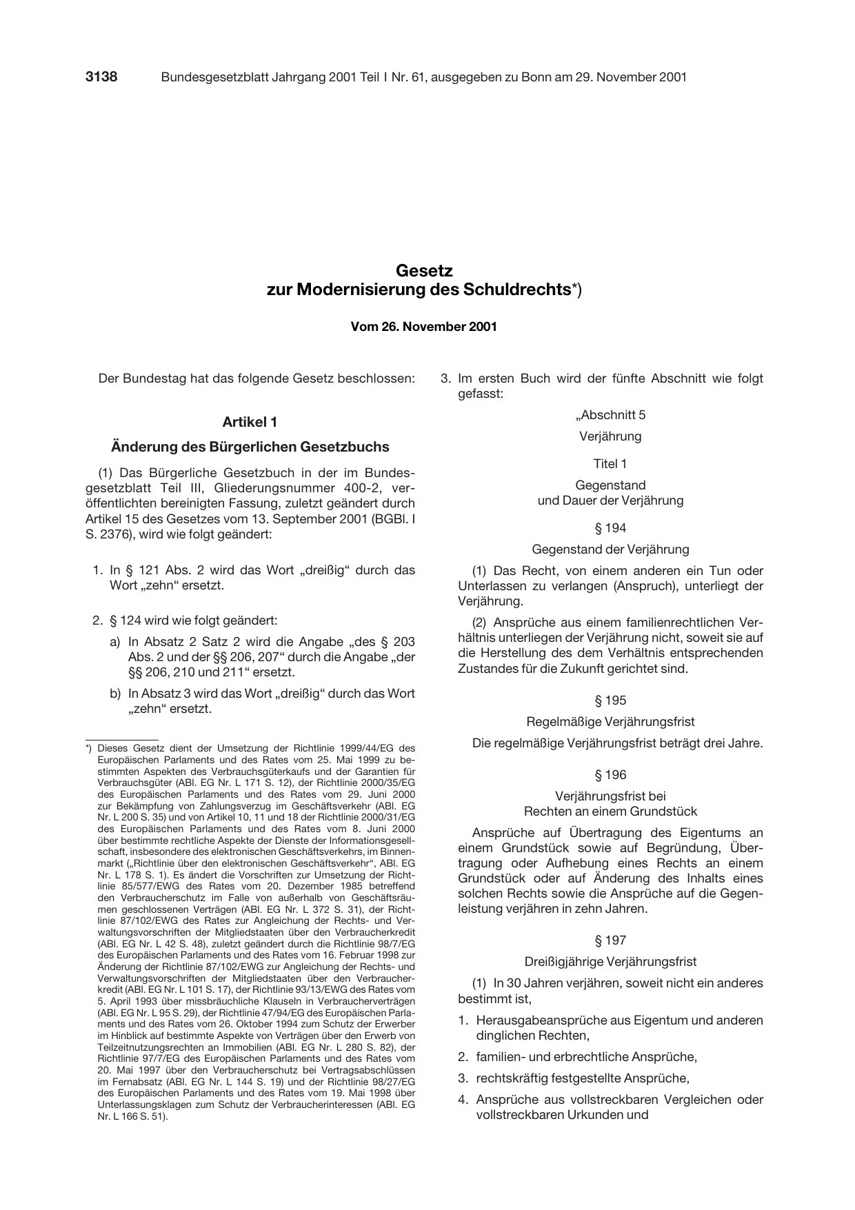 BGBl. 2001, Seite 3138 — Originalseite als Abbildung
