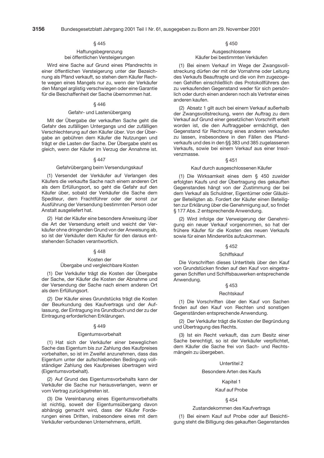 BGBl. 2001, Seite 3156 — Originalseite als Abbildung