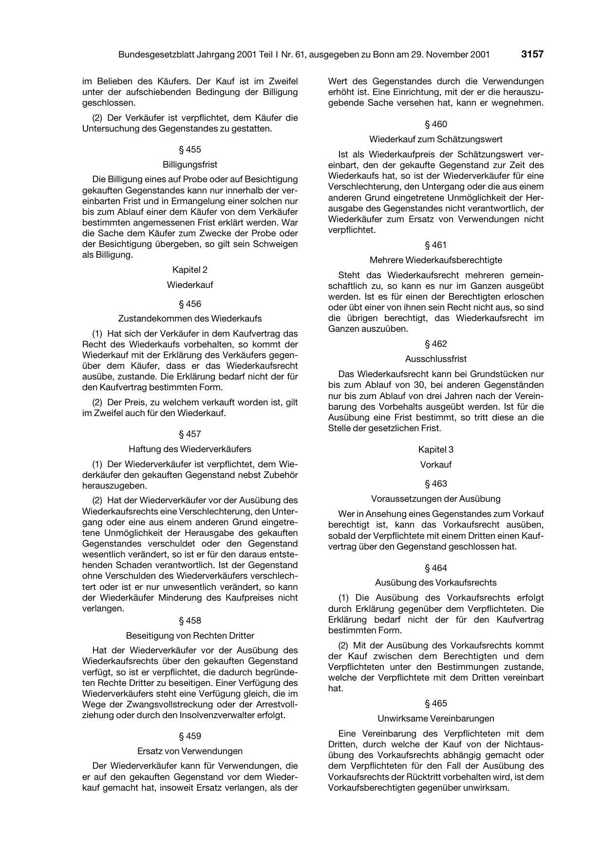 BGBl. 2001, Seite 3157 — Originalseite als Abbildung