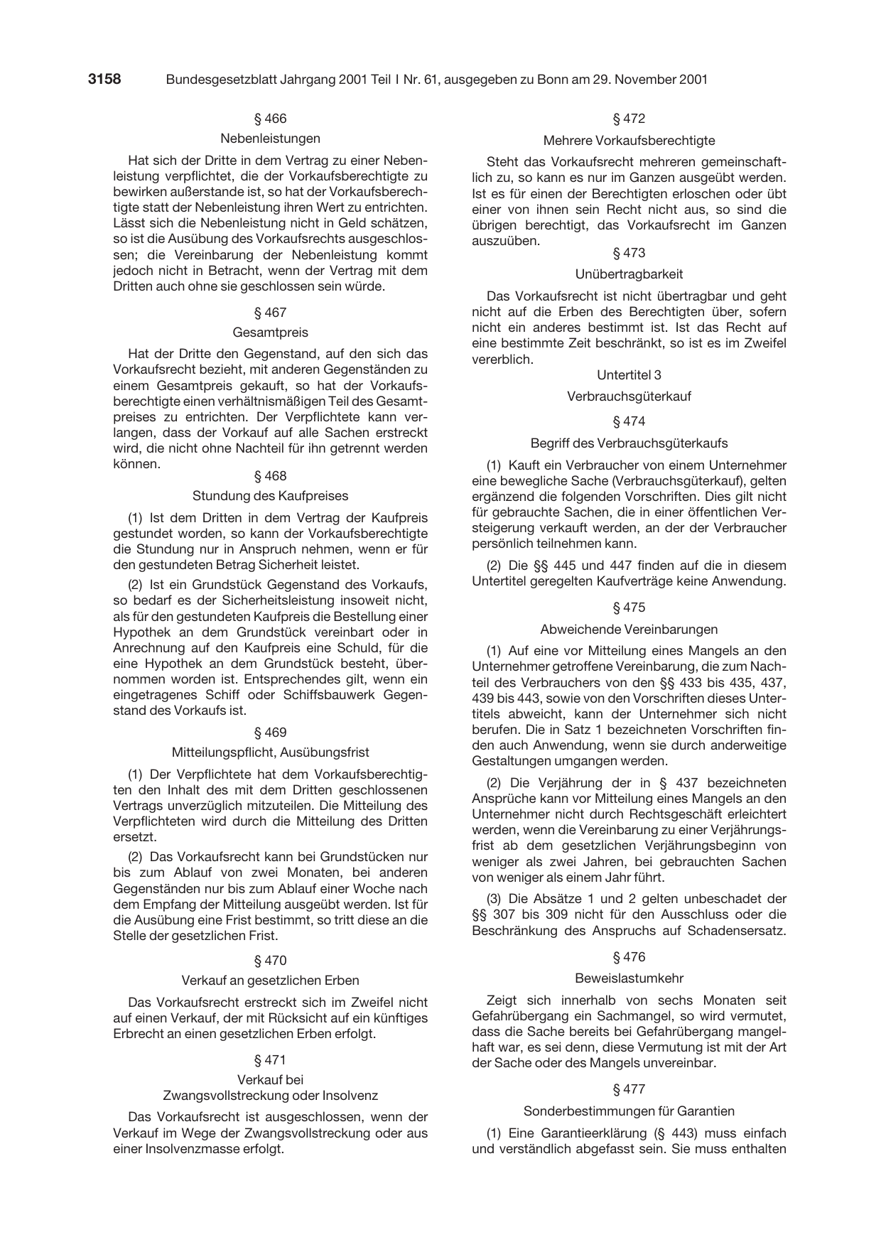 BGBl. 2001, Seite 3158 — Originalseite als Abbildung