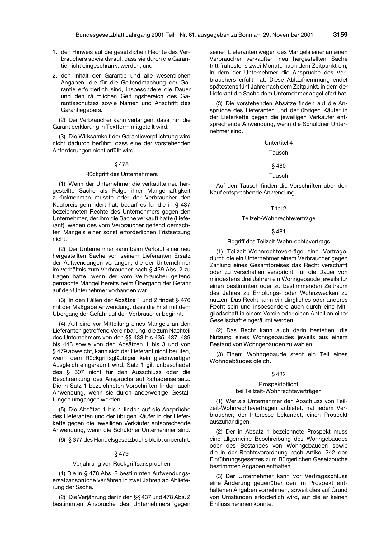BGBl. 2001, Seite 3159 — Originalseite als Abbildung