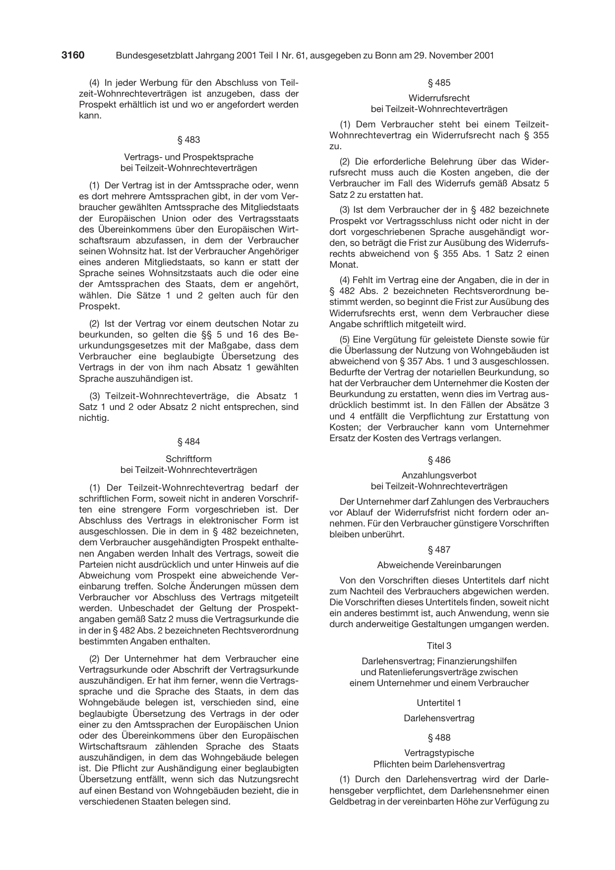 BGBl. 2001, Seite 3160 — Originalseite als Abbildung