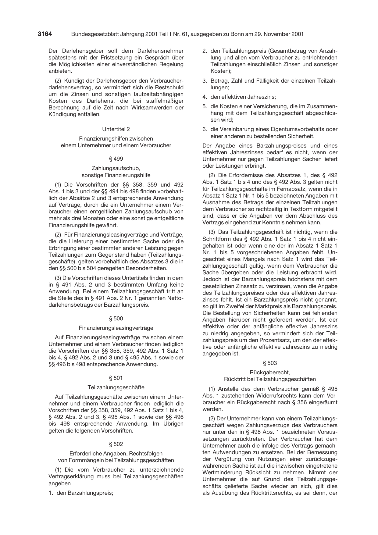 BGBl. 2001, Seite 3164 — Originalseite als Abbildung