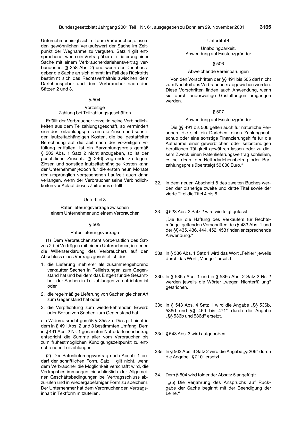 BGBl. 2001, Seite 3165 — Originalseite als Abbildung