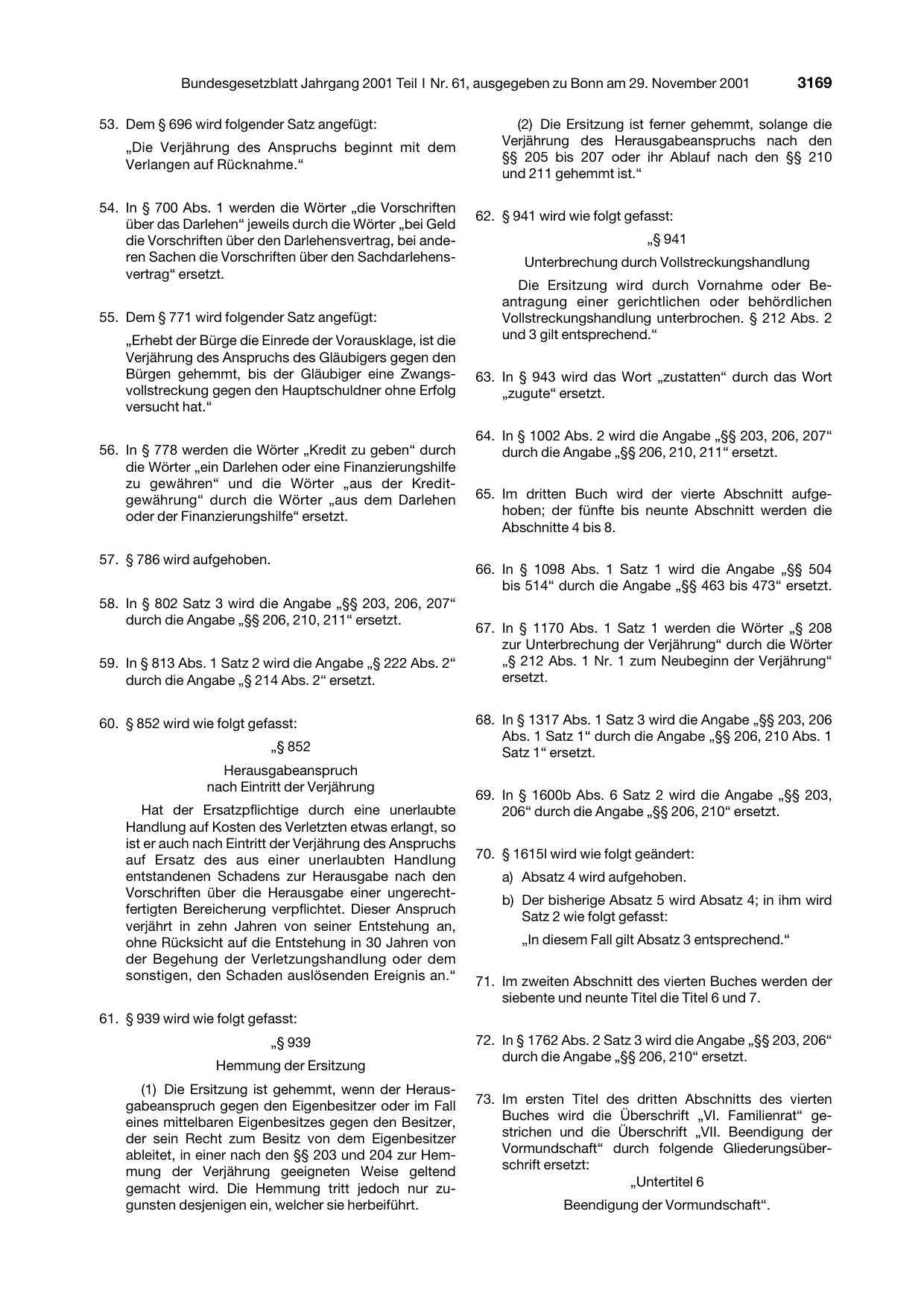 BGBl. 2001, Seite 3169 — Originalseite als Abbildung