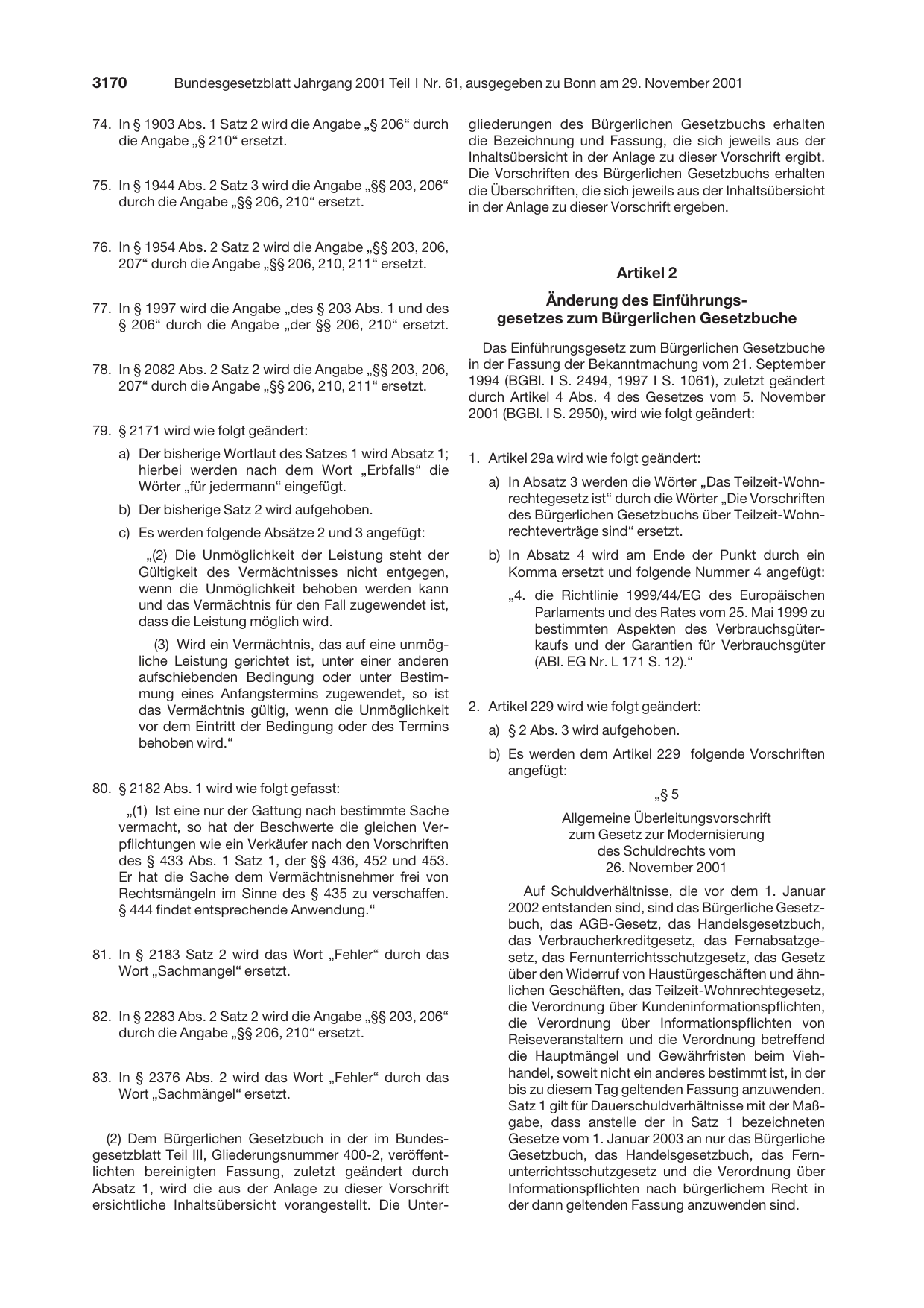 BGBl. 2001, Seite 3170 — Originalseite als Abbildung