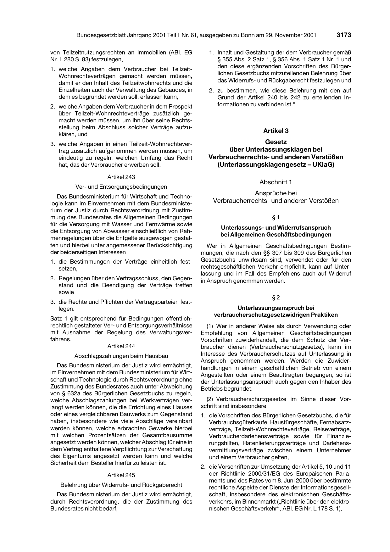 BGBl. 2001, Seite 3173 — Originalseite als Abbildung
