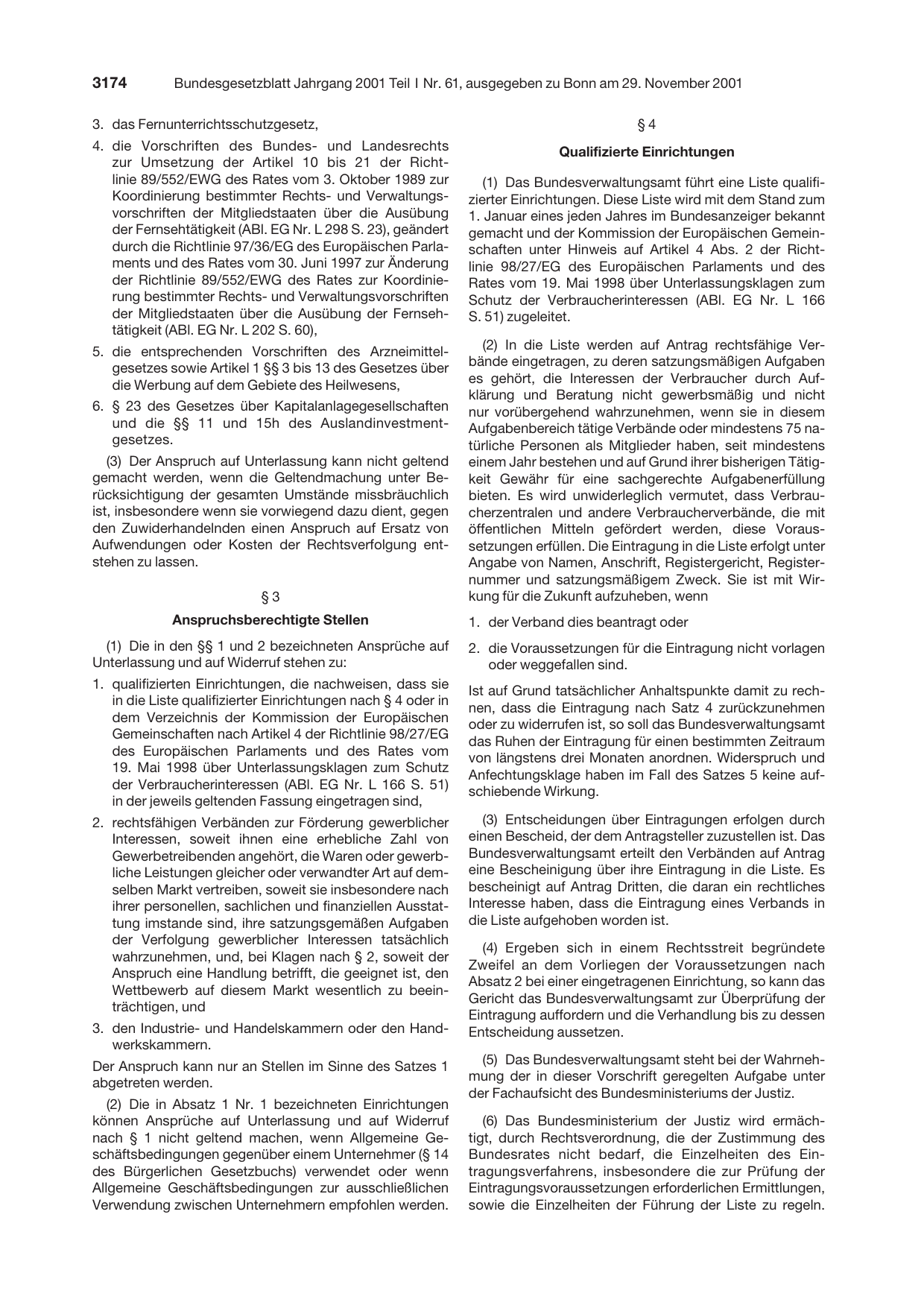 BGBl. 2001, Seite 3174 — Originalseite als Abbildung