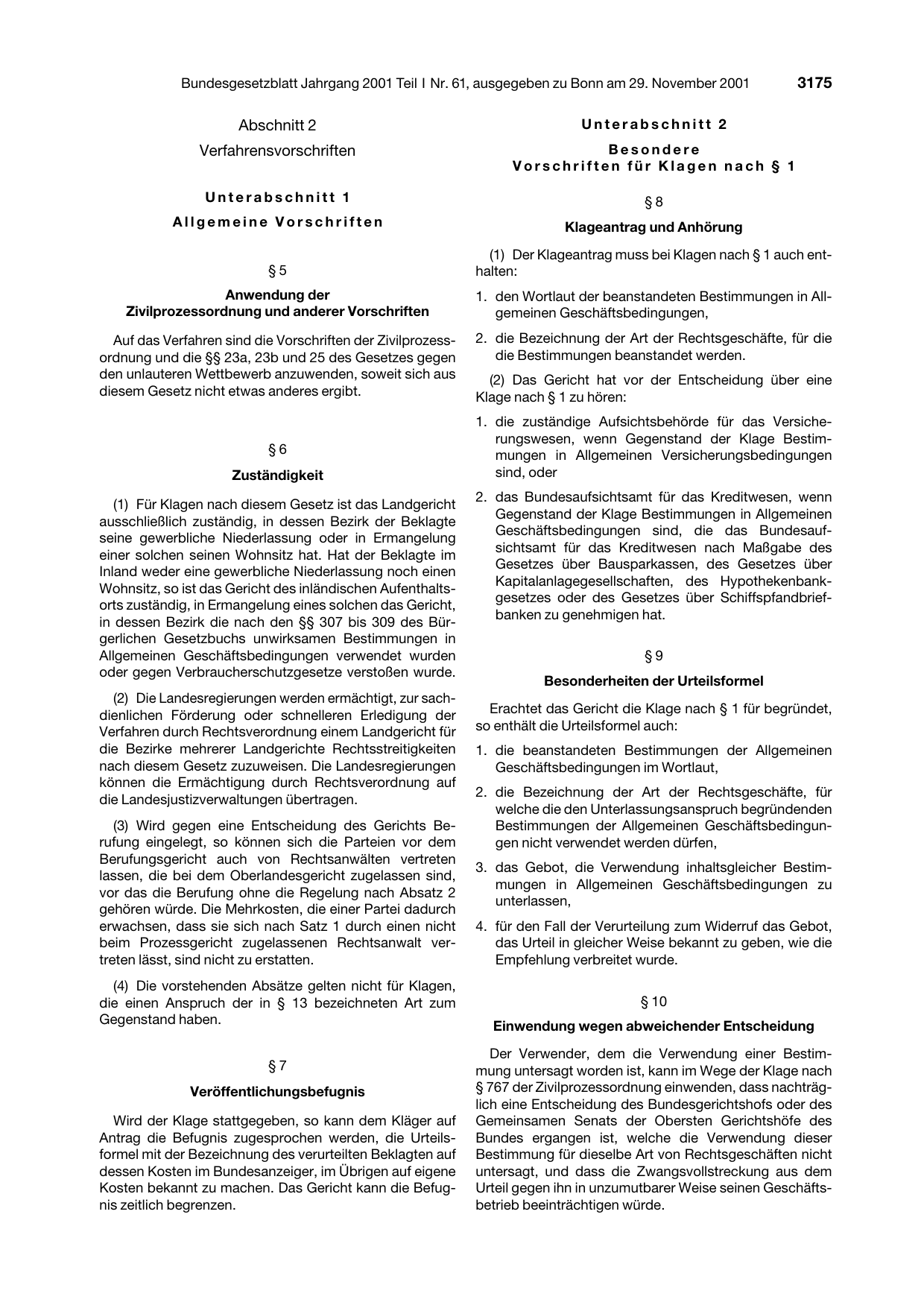 BGBl. 2001, Seite 3175 — Originalseite als Abbildung