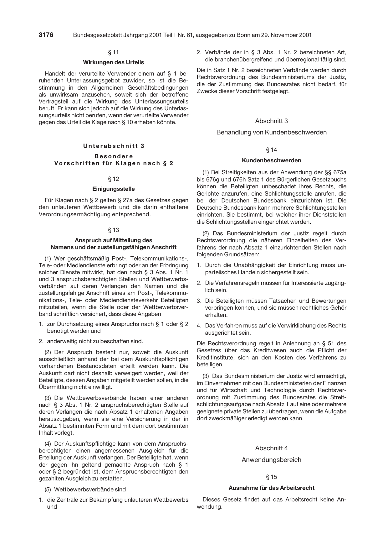 BGBl. 2001, Seite 3176 — Originalseite als Abbildung