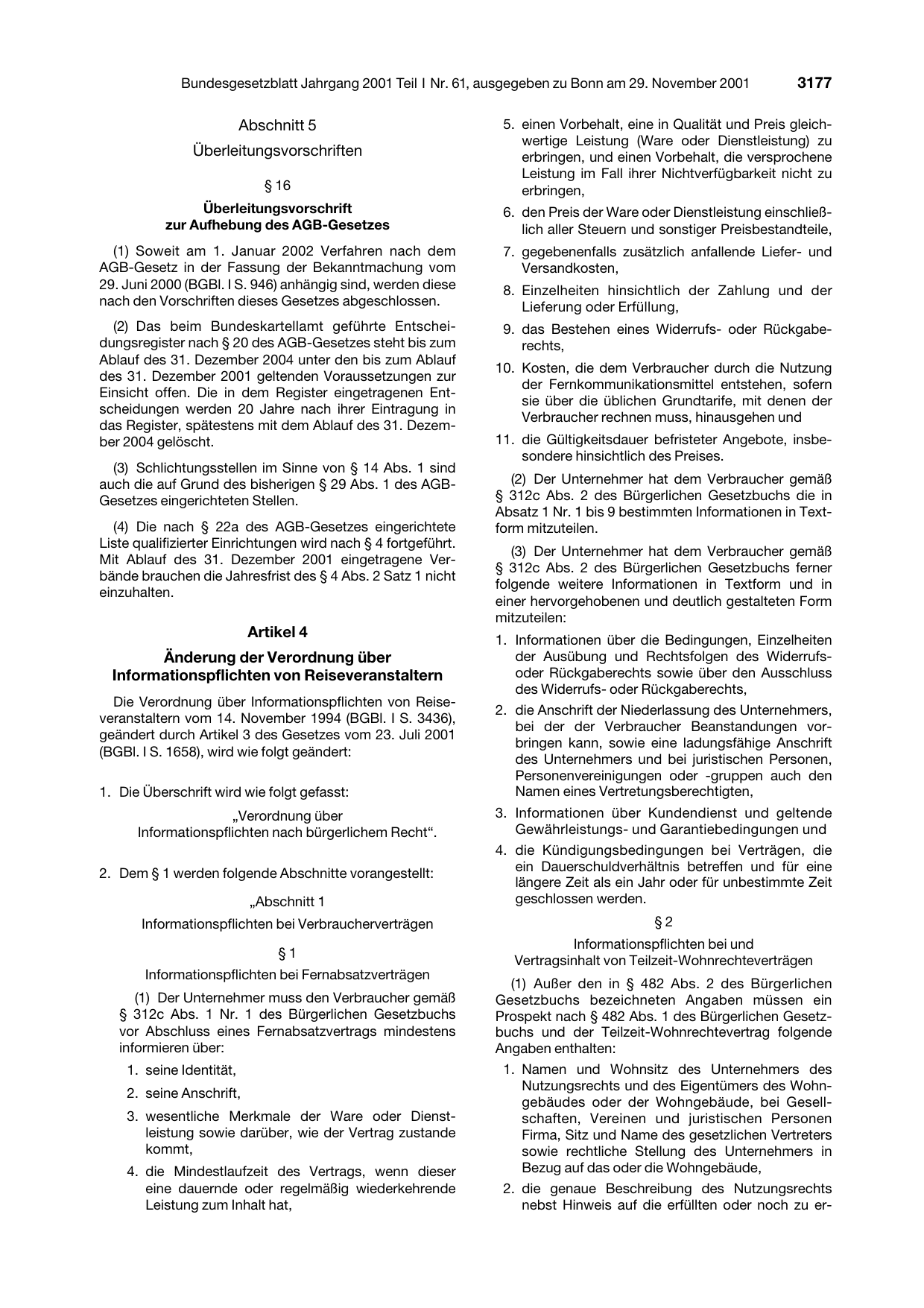 BGBl. 2001, Seite 3177 — Originalseite als Abbildung