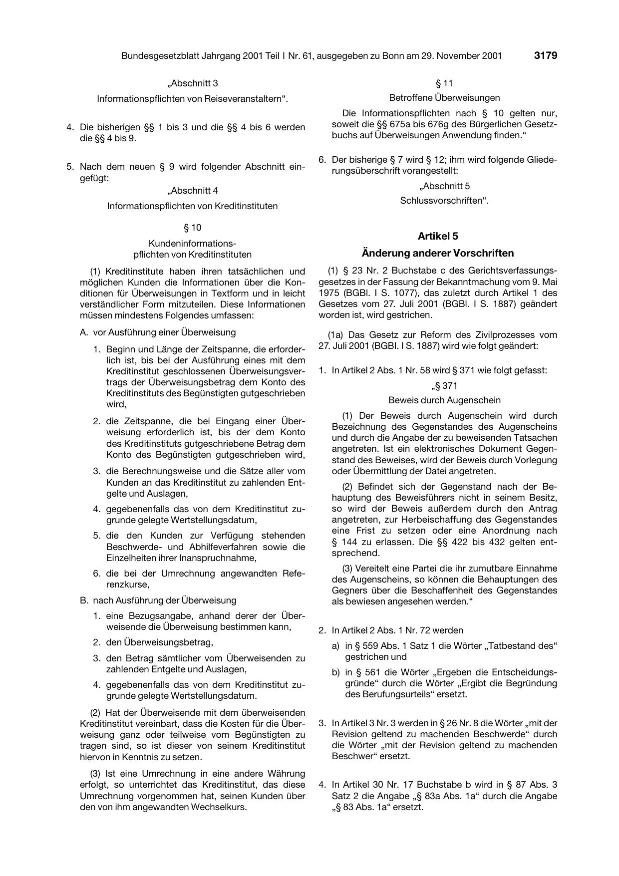 BGBl. 2001, Seite 3179 — Originalseite als Abbildung