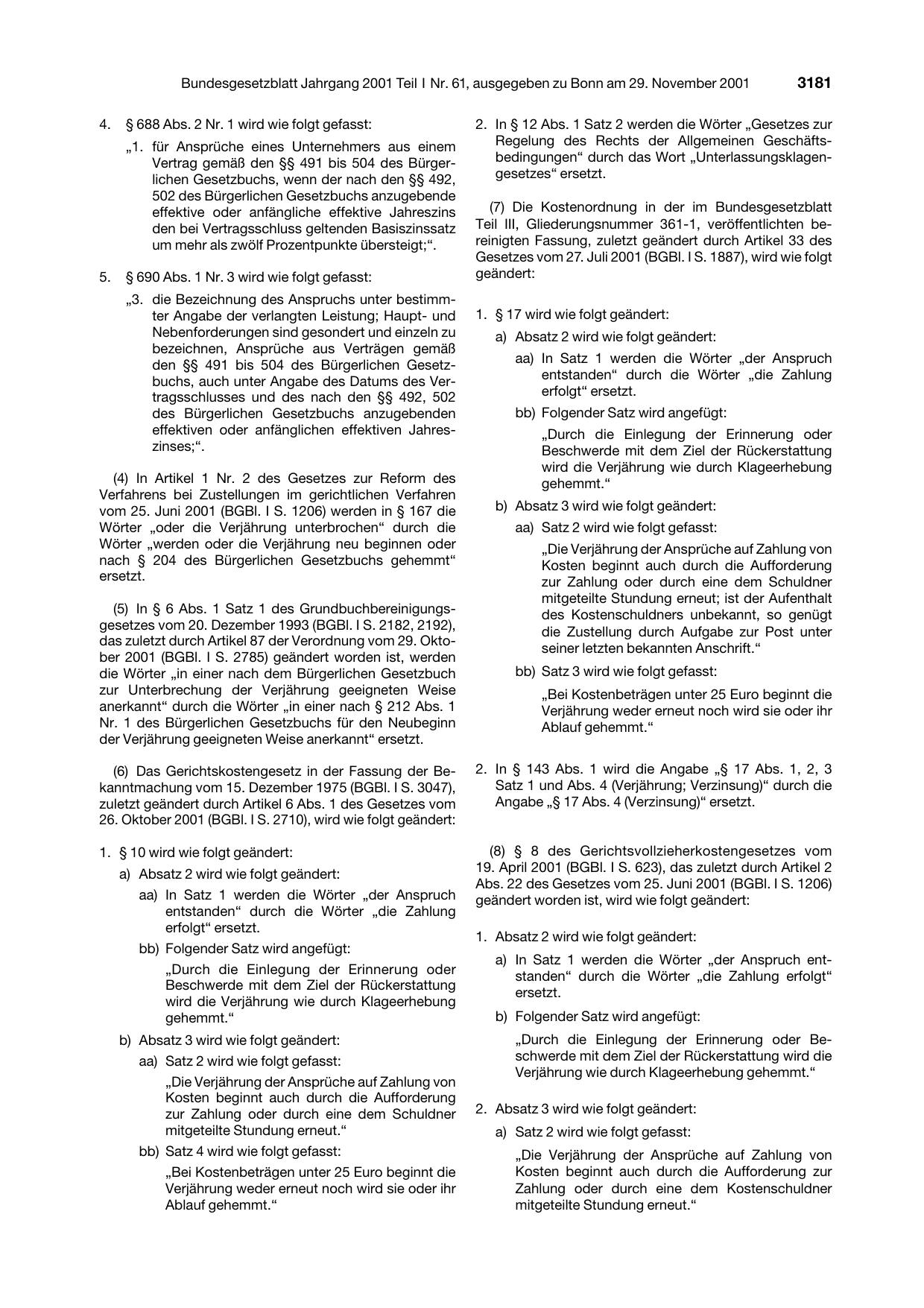 BGBl. 2001, Seite 3181 — Originalseite als Abbildung