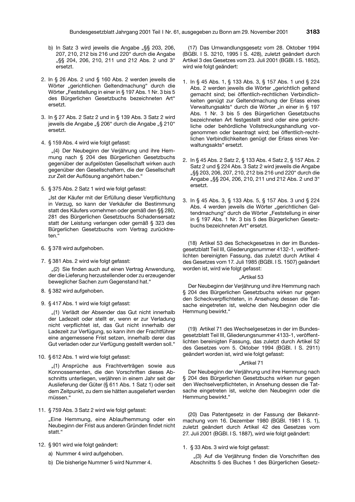 BGBl. 2001, Seite 3183 — Originalseite als Abbildung