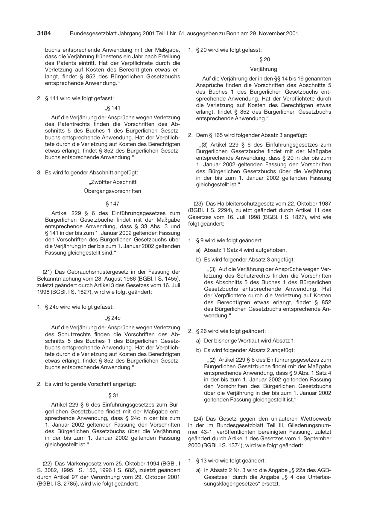 BGBl. 2001, Seite 3184 — Originalseite als Abbildung