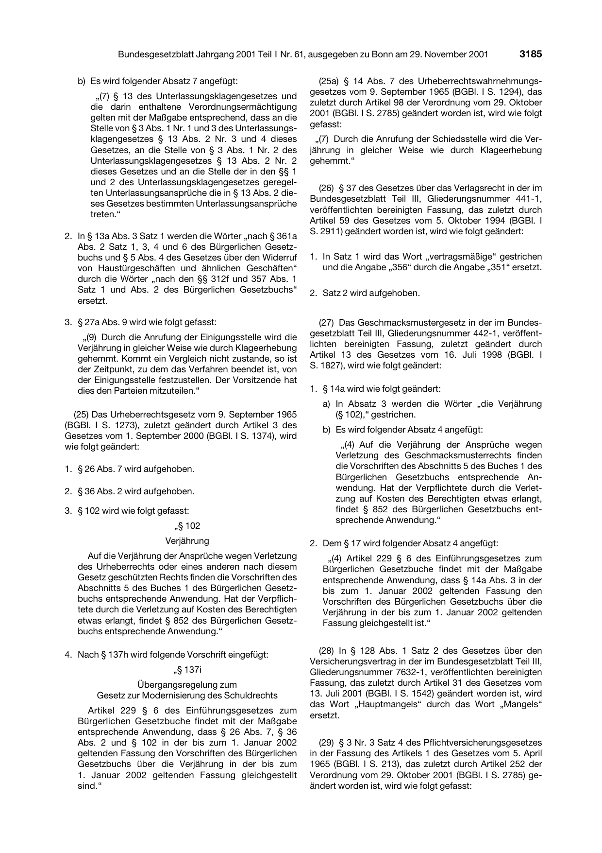 BGBl. 2001, Seite 3185 — Originalseite als Abbildung