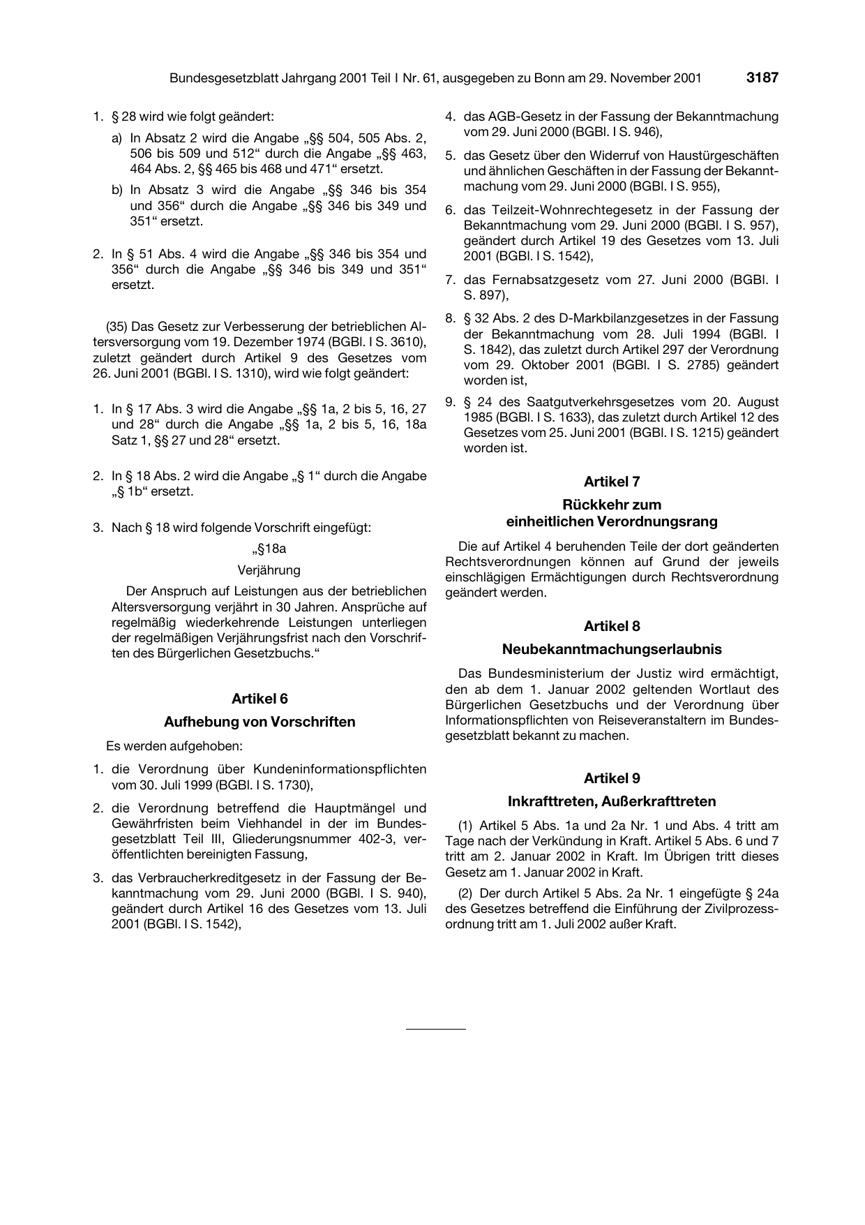 BGBl. 2001, Seite 3187 — Originalseite als Abbildung