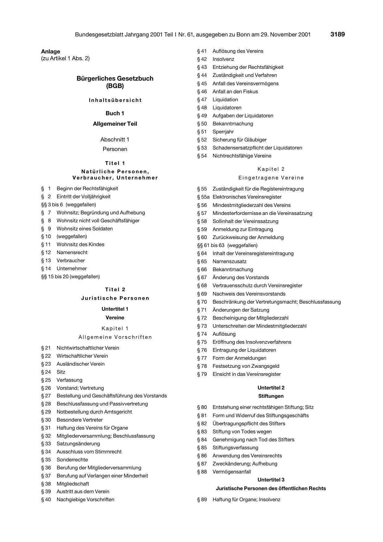 BGBl. 2001, Seite 3189 — Originalseite als Abbildung