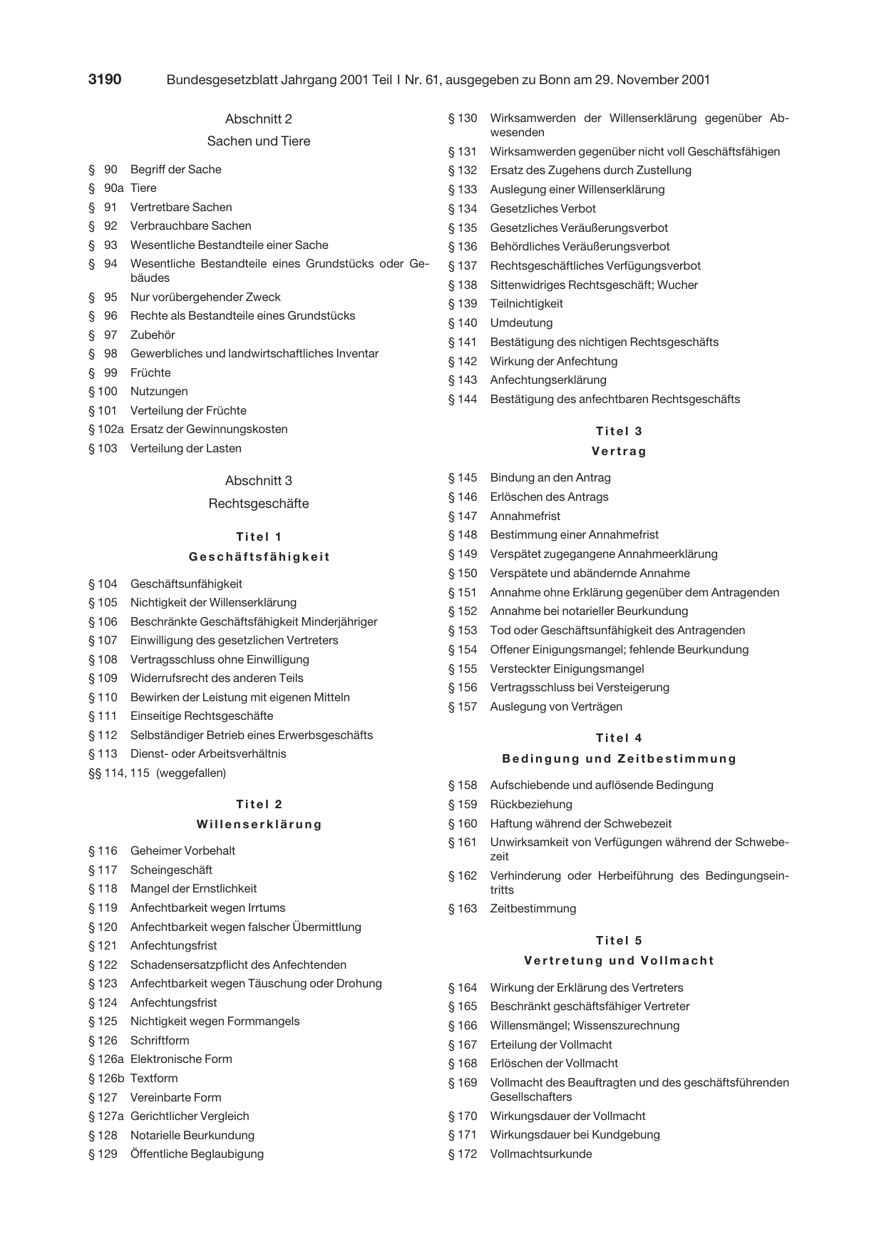 BGBl. 2001, Seite 3190 — Originalseite als Abbildung