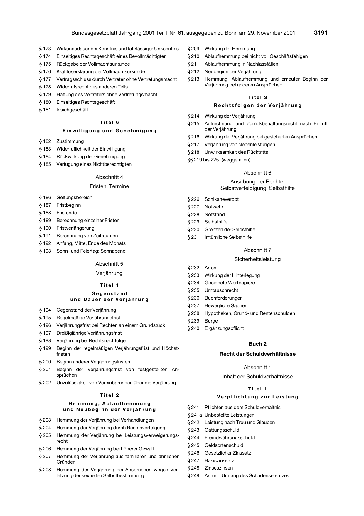 BGBl. 2001, Seite 3191 — Originalseite als Abbildung