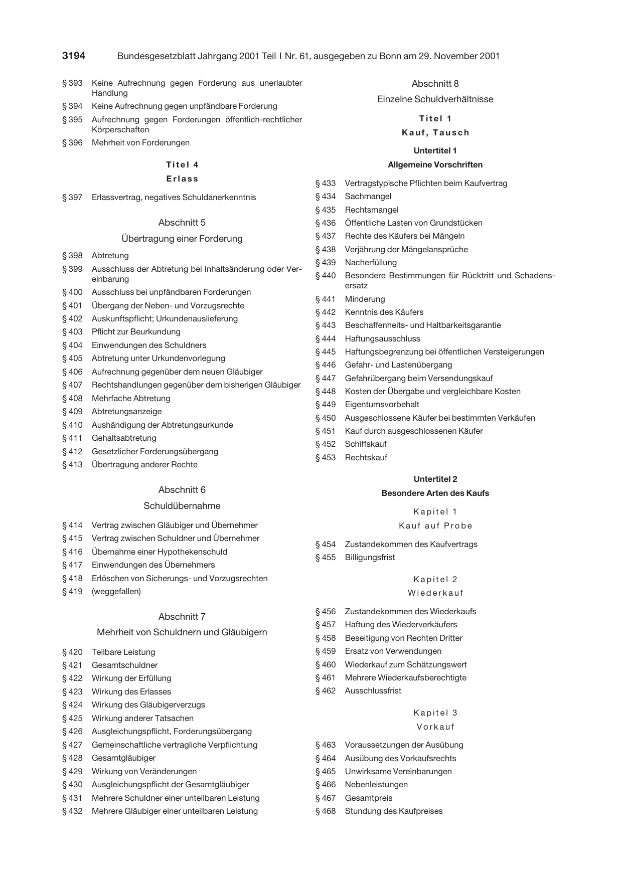BGBl. 2001, Seite 3194 — Originalseite als Abbildung
