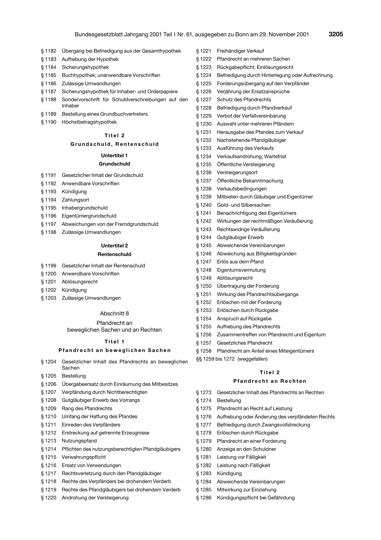 BGBl. 2001, Seite 3205 — Originalseite als Abbildung