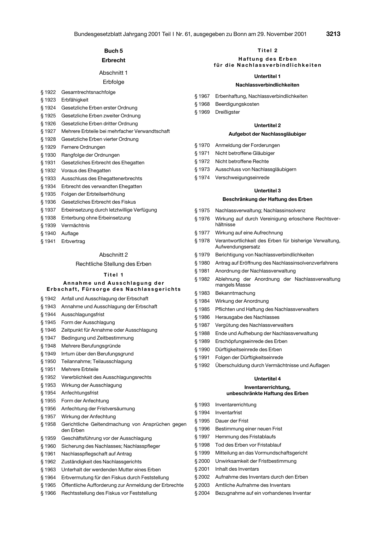 BGBl. 2001, Seite 3213 — Originalseite als Abbildung