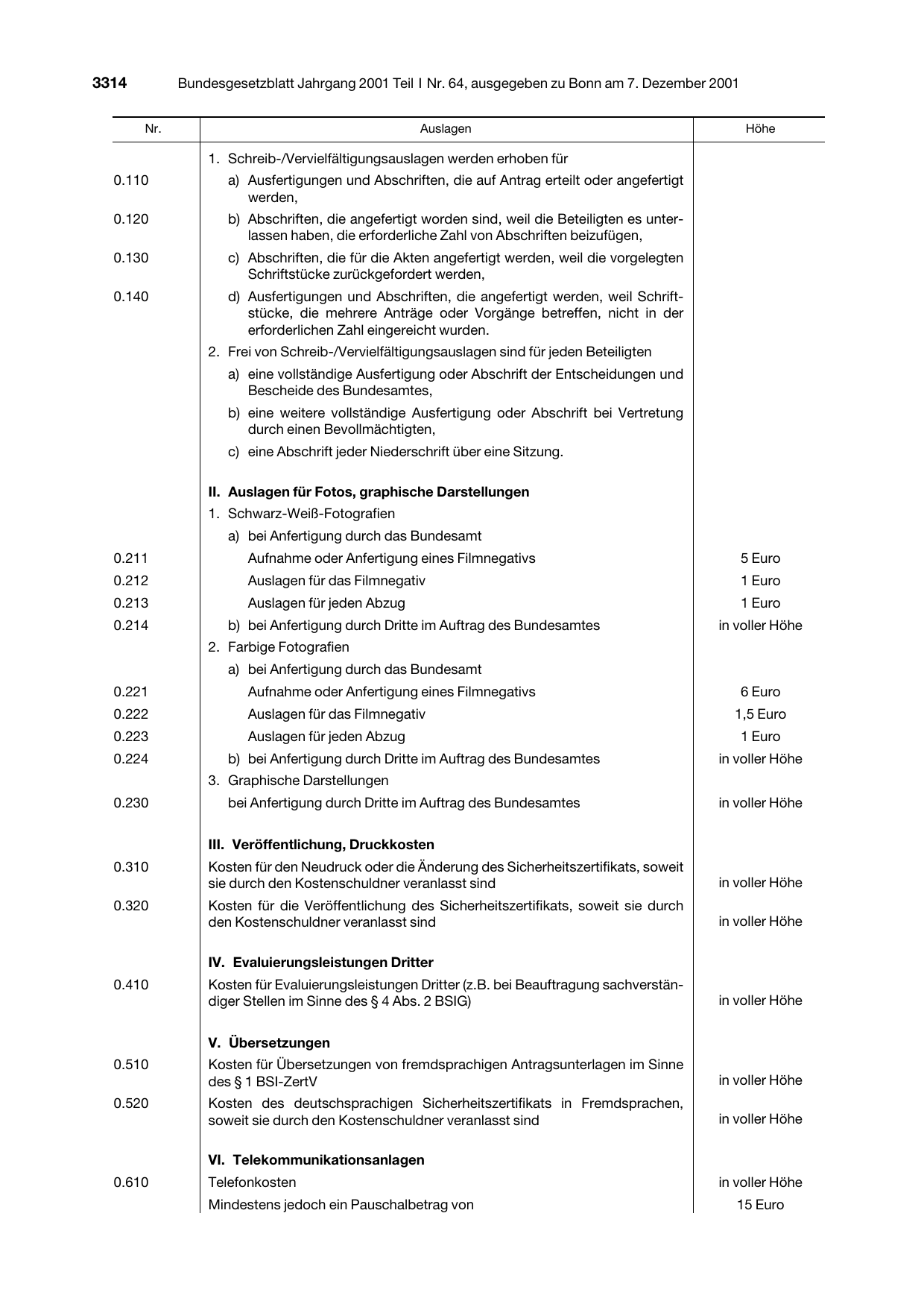 BGBl. 2001, Seite 3314 — Originalseite als Abbildung